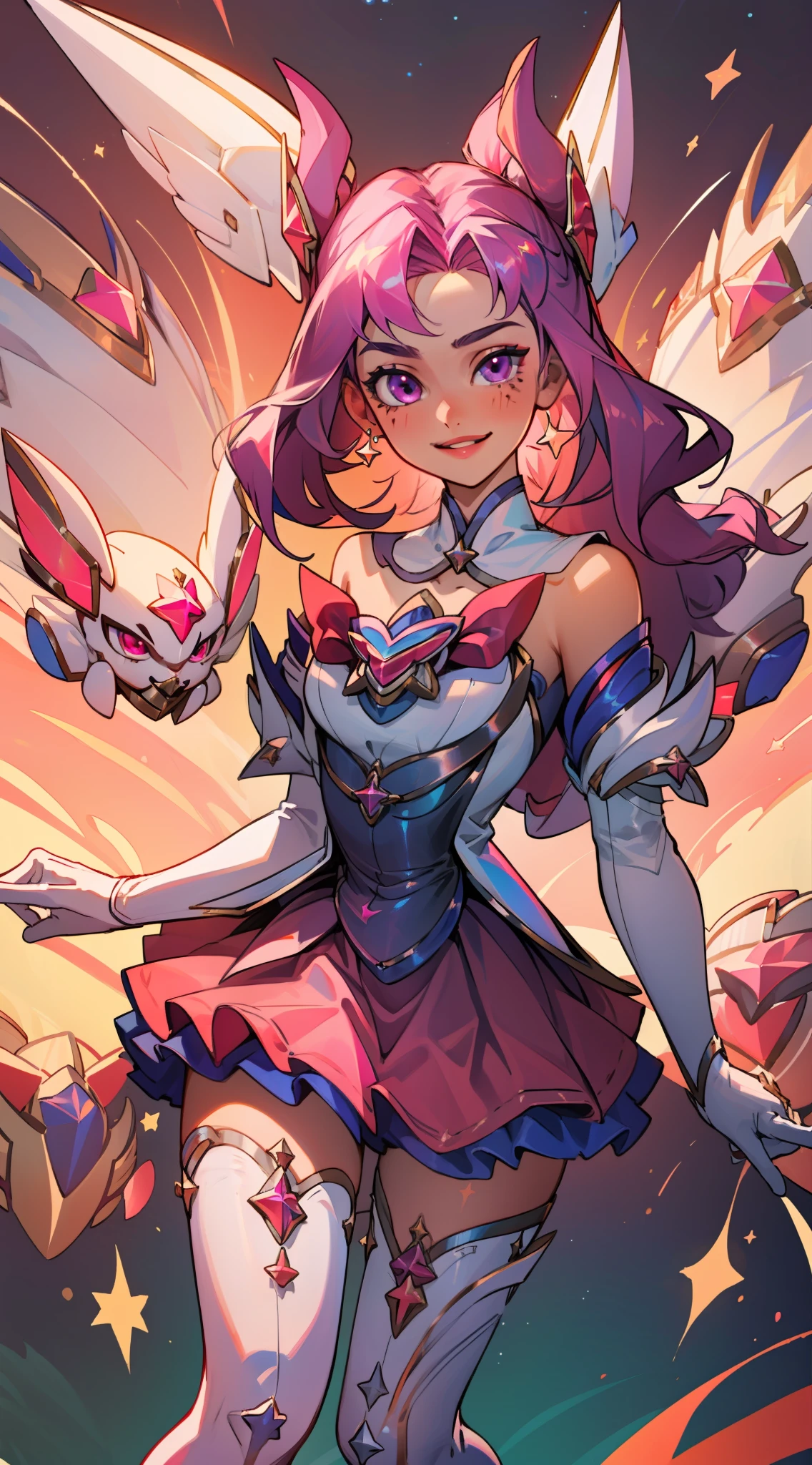 (masterpiece, best quality),  intricate details, 8k, artstation, wallpaper, official art, splash art, sharp focus,
1girl,   Star_Guardian_Kai'Sa, white_legwear, white_gloves, pink_skirt,, smile