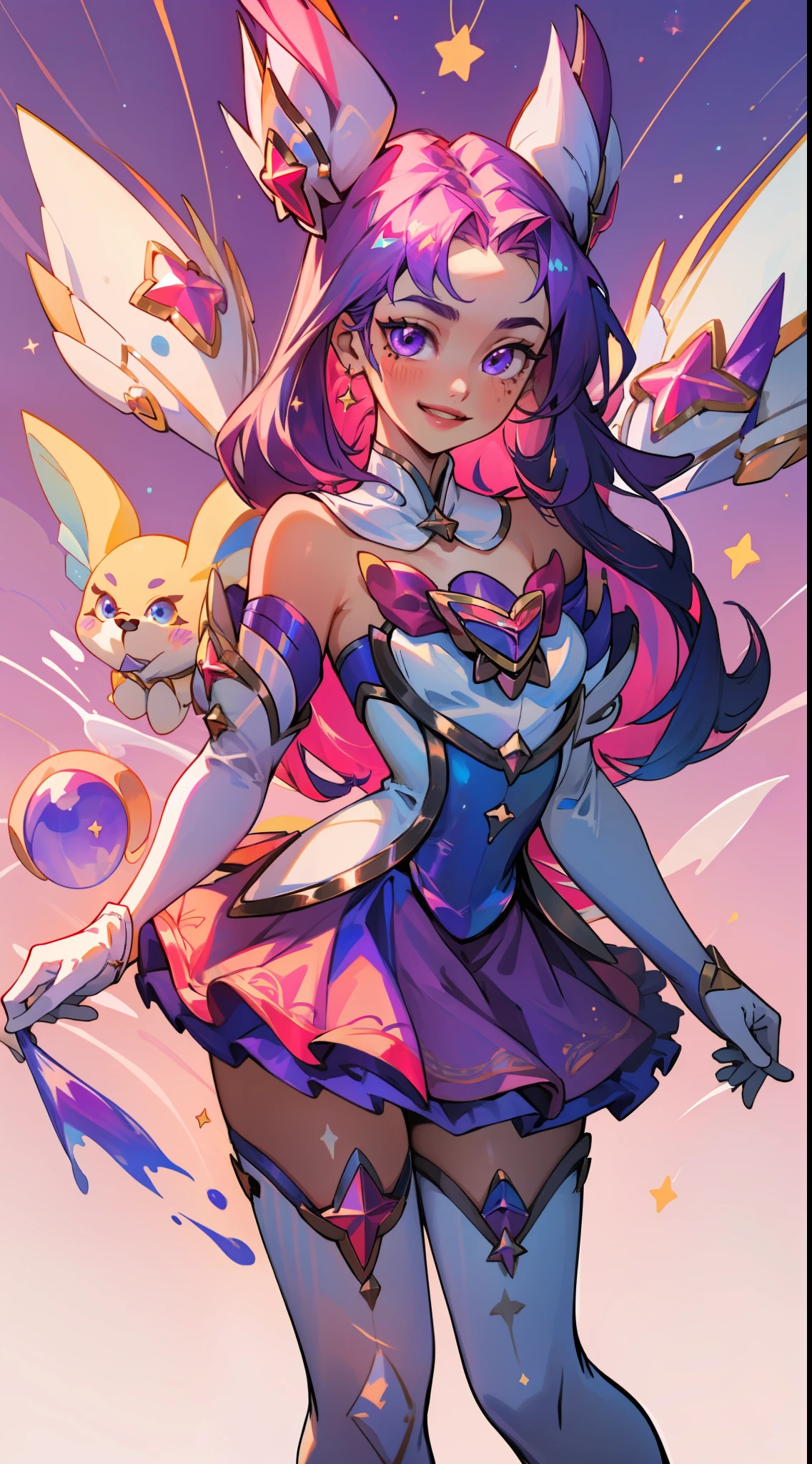 (masterpiece, best quality),  intricate details, 8k, artstation, wallpaper, official art, splash art, sharp focus,
1girl,   Star_Guardian_Kai'Sa, white_legwear, white_gloves, pink_skirt,, smile, (yellow blue purple theme)