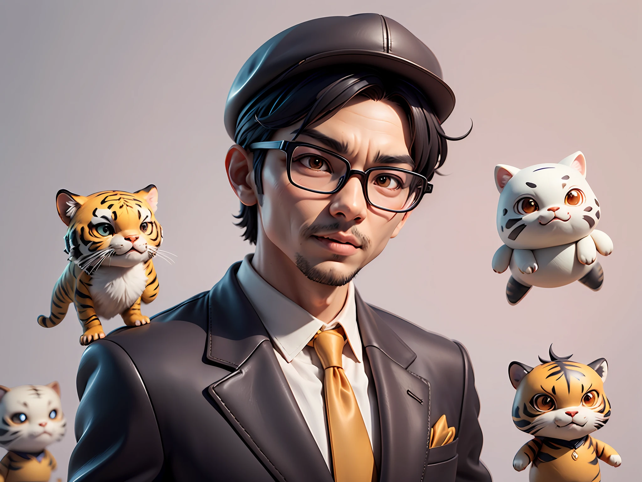 Young man with oriental face in leather hat, tiger, oriental face in formal suit, short black hair, silver glasses, digital painting, 3D character design by Mark Clairedon and Pixar and Hayao Miyazaki and Akira Toriyama, the illustration is a high-definition illustration in 4K resolution with very detailed facial features and cartoon-style visuals.