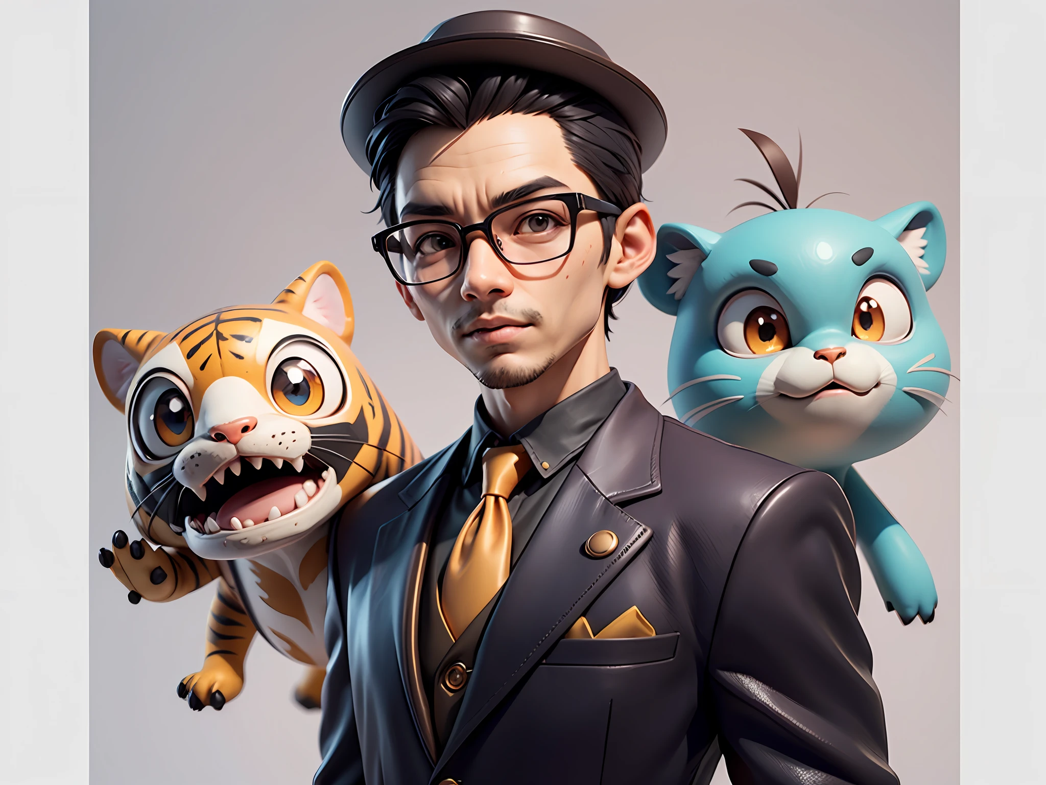 Young man with oriental face in leather hat, tiger, oriental face in formal suit, short black hair, silver glasses, digital painting, 3D character design by Mark Clairedon and Pixar and Hayao Miyazaki and Akira Toriyama, the illustration is a high-definition illustration in 4K resolution with very detailed facial features and cartoon-style visuals.