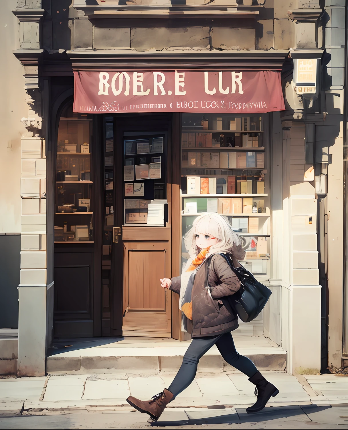 miaobishenghua  , [(white background:1.5)::5], 1 girl, mid shot, **Create a highly detailed satirical scenario illustration inspired by the joyful and whimsical journey of life, featuring a woman with long, white hair and expressive, curious eyes. The style should draw influence of illustrator Daria Bogdanova The woman is seen wandering around her town talking to and connecting with the people on the streets, her neighbours, and the shopkeepers; She has long legs and wears boots. Infuse the illustration with a sense of joyful energy, movement community interaction and humour. Include satirical mishaps like oranges rolling down the street or similar Simple yet beautifully drawn.