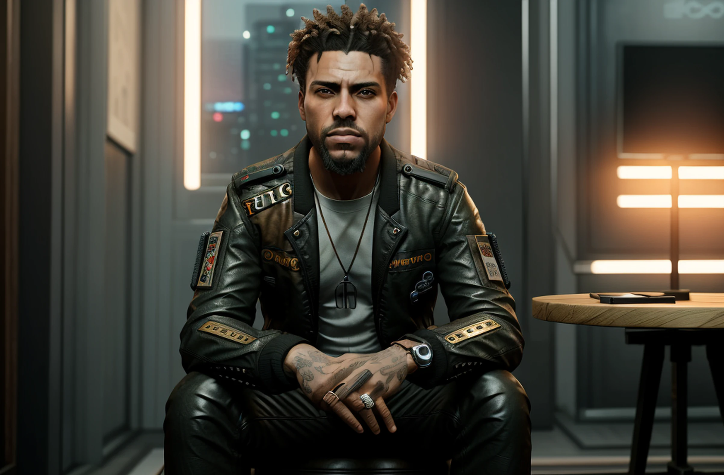 There is a man sitting in a chair in a room, sitting in a chair, sitting in a chair, sitting in a chair, sitting, sitting on the throne, sitting in the chair, cyberpunk game style, curly man, ((masterpiece, best quality 1.3)) ultra detailed, 8k,adobe illustration realistic