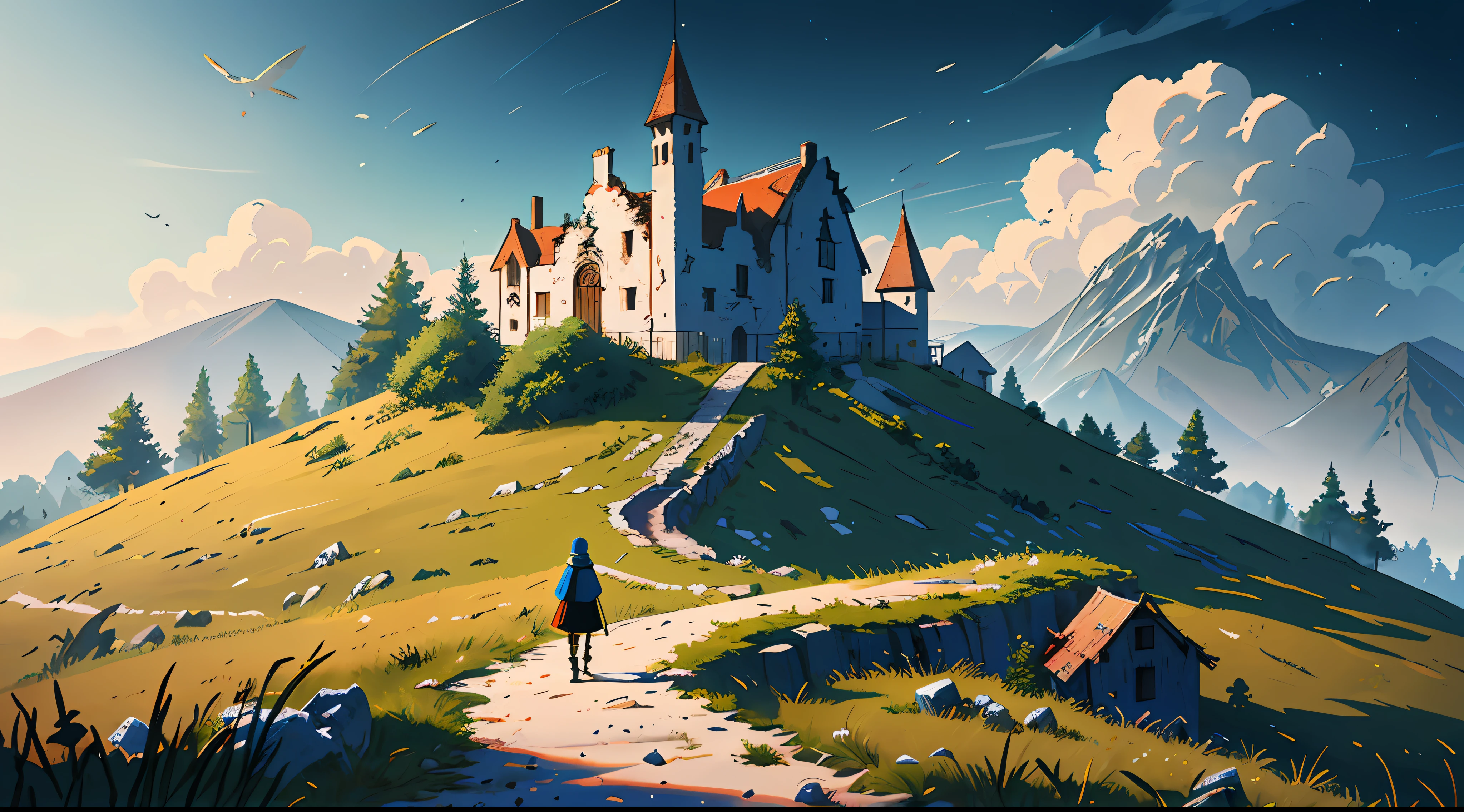 An ultra-detailed and intricate digital illustration of a villager on a hill looking at an abandoned medieval town, atmosfera de terror, cores escuras, (horror), fantasia, ultra detalhada, trending on ArtStation, extremely detailed illustration, semi-realista, intrincado, alta resolução, 4k, Pintura Digital 4K