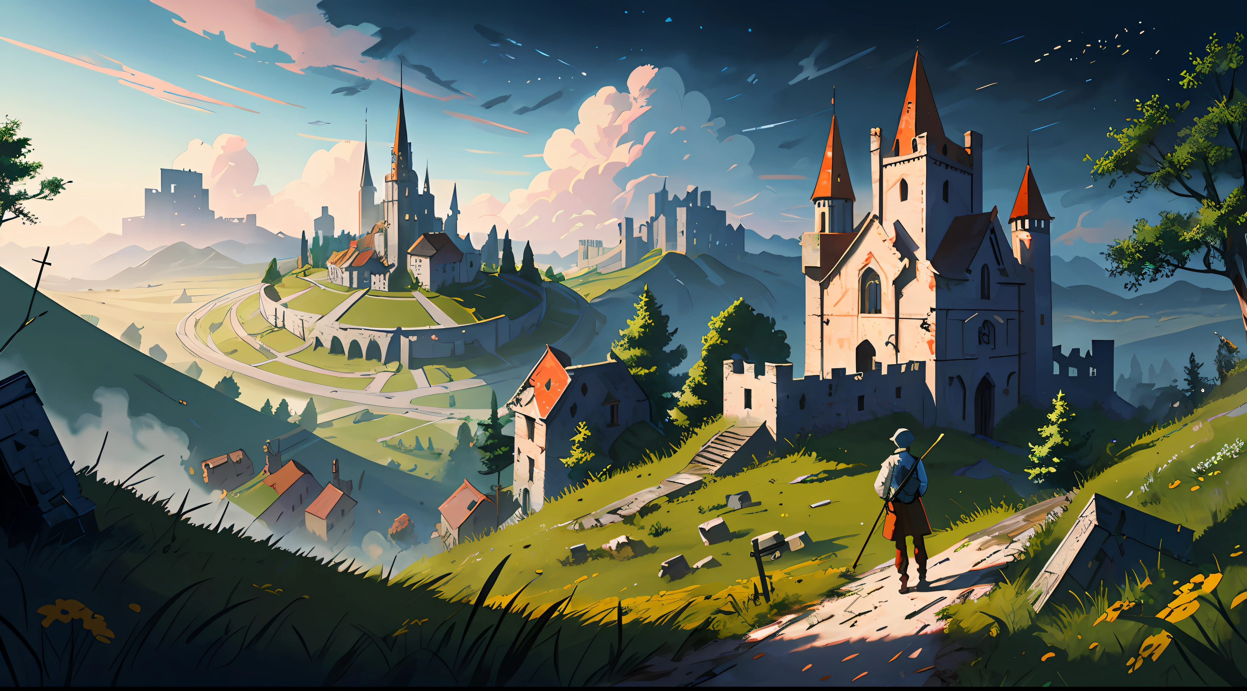 An ultra-detailed and intricate digital illustration of a villager on a hill looking at an abandoned medieval town, atmosfera de terror, cores escuras, (horror), fantasia, ultra detalhada, trending on ArtStation, extremely detailed illustration, semi-realista, intrincado, alta resolução, 4k, Pintura Digital 4K