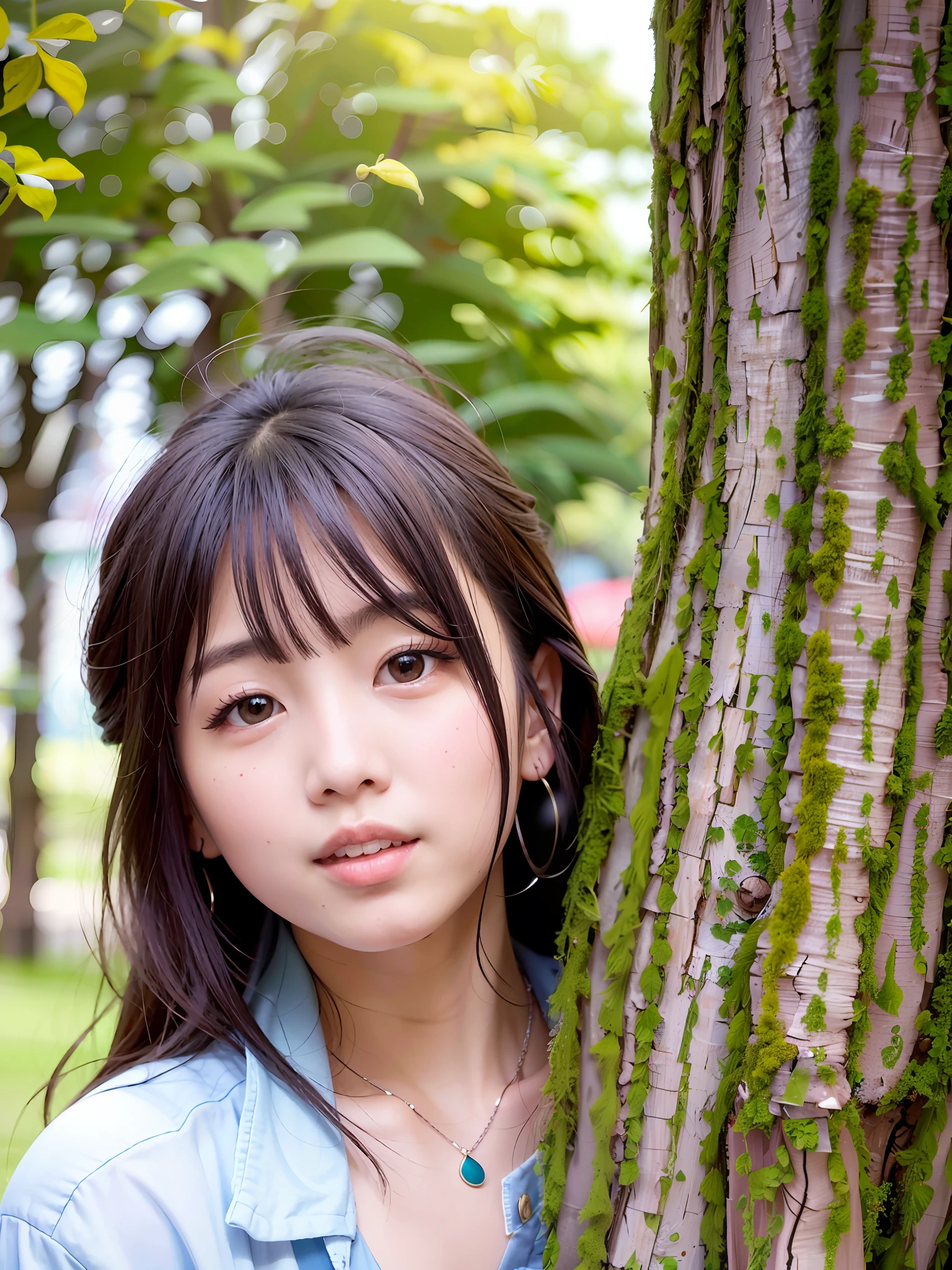 Araki woman leaning against a tree wearing a necklace, next to a tree, Young Asian girl, young cute wan asian face, A young Asian woman, Soft portrait shot 8 K, portrait of a japanese teen, chiho, portrait of female korean idol, young lovely Korean faces, lalisa manobal, on trees, inspirado por Kim Jeong-hui