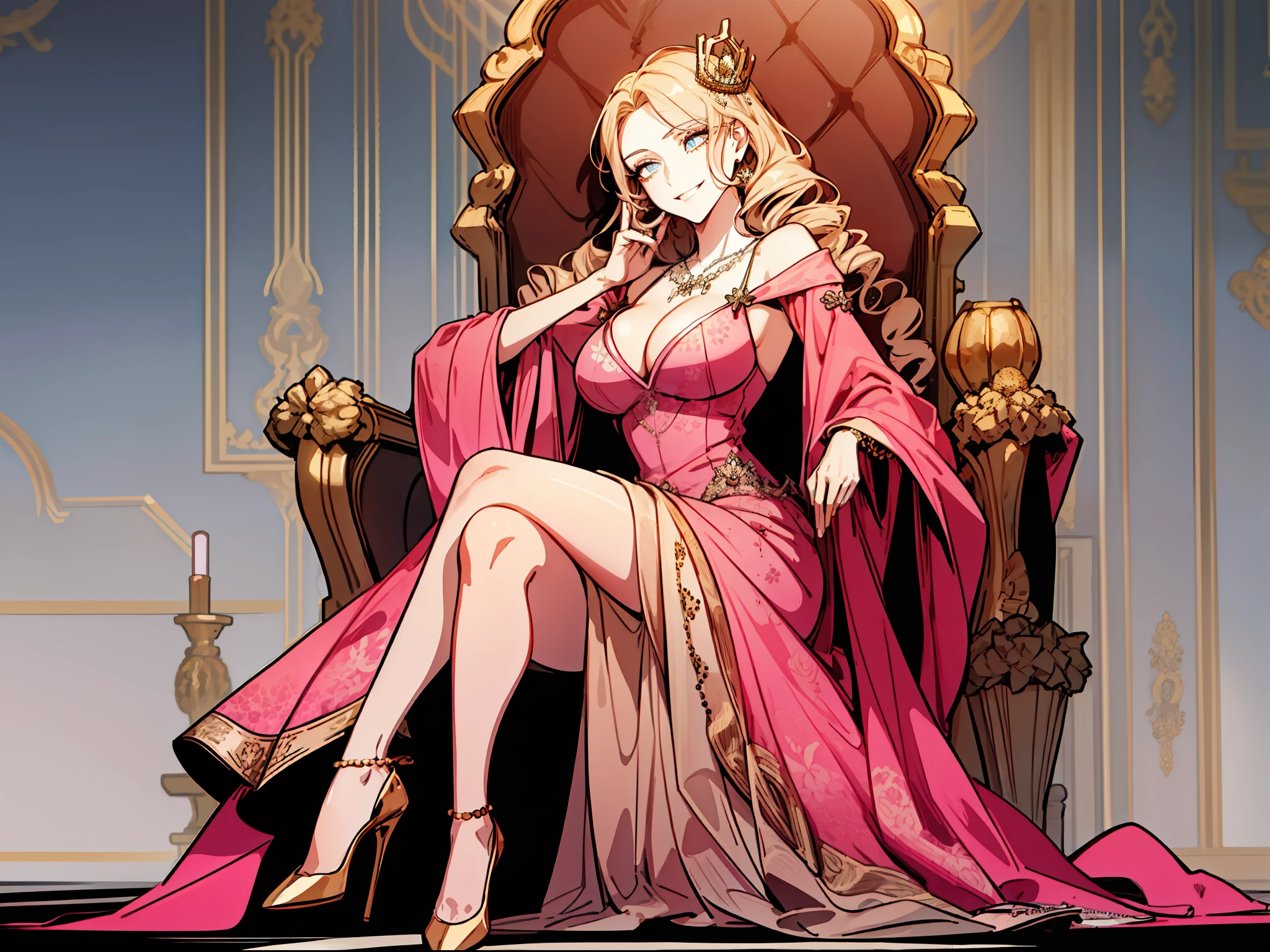 sadistic smile, shoujo-style, pink drill hair, 
(masterpiece, best quality, ultra-detailed, official wallpaper), (beautiful detailed face, beautiful detailed eyes), long eyelashes, hair ornament, jewelry, necklace, cleavage, big breast, (full body), royal dress, throne, sitting, crossed legs, highheels, thick thighs