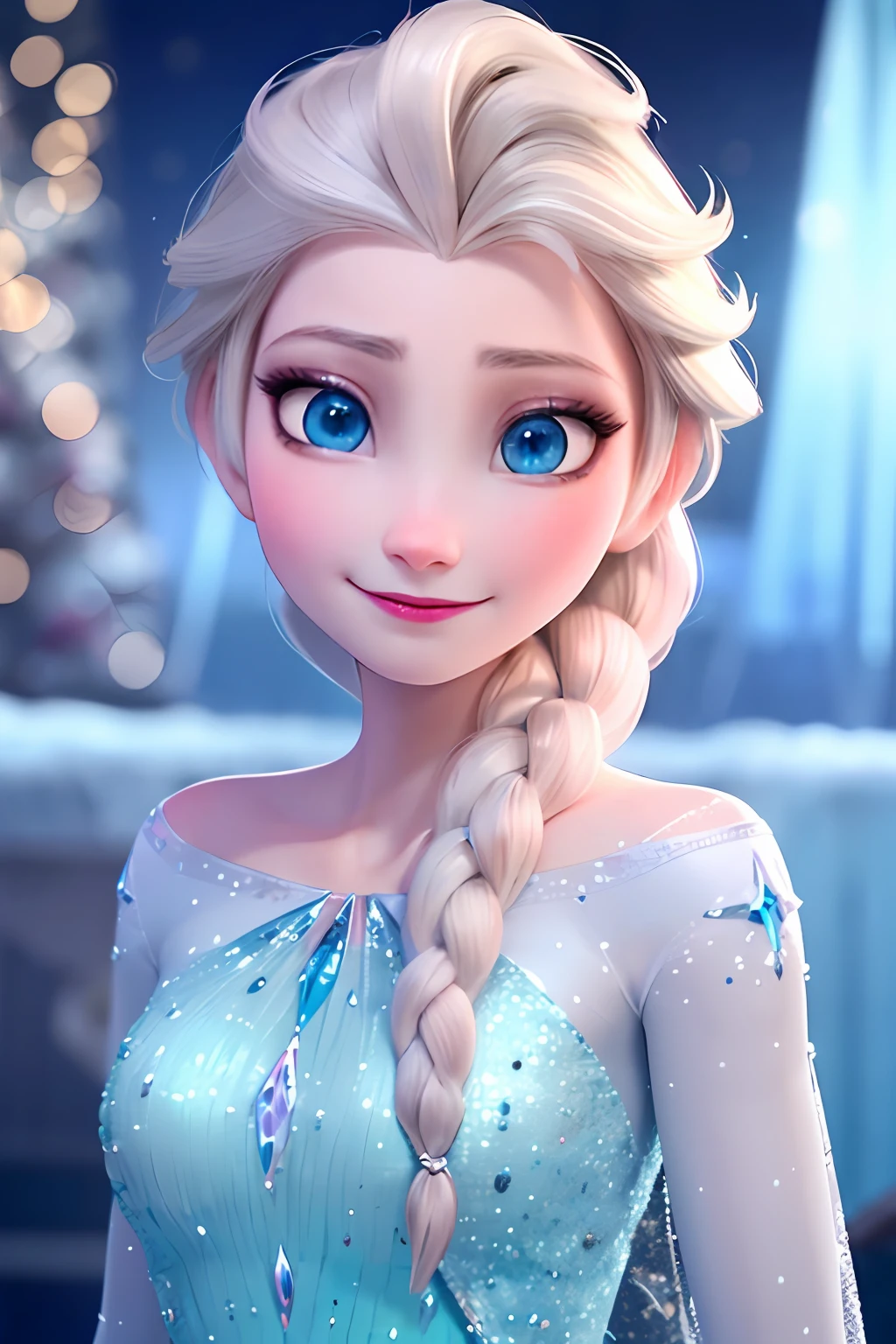(obra maestra:1.4), (mejor calidad:1.4), (High resolution:1.4),Elsa de Arendelle, vestido azul hielo, single braid, Little Smile, Toma de retrato en primer plano, cerrar, toma de cerca de la cara, perfect symmetrical eyes, Antecedentes de Arendelle