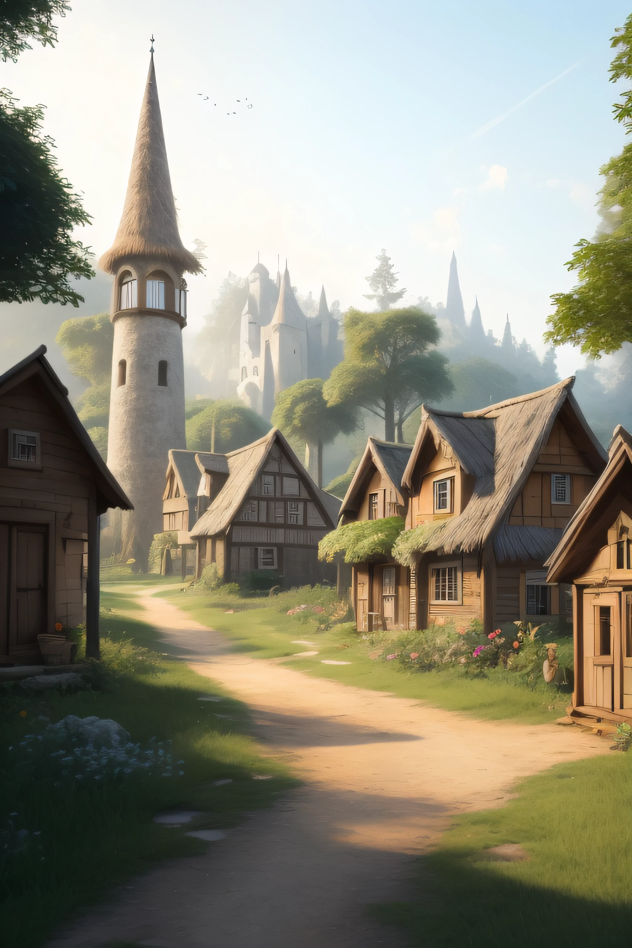 There are many small wooden houses in the middle of a village, Aldeia na Mata, Aldeias ， Motor irreal, realistic fantasy rendering, Aldeia de Hideen na floresta, beautiful render of a fairytale, vila medieval, vila pitoresca, fantasy town setting, uma pequena vila medieval, fantasia 3 d render, Cidade da fantasia de Medeival, fantasy render, Fantasia pintura fosca，fofo