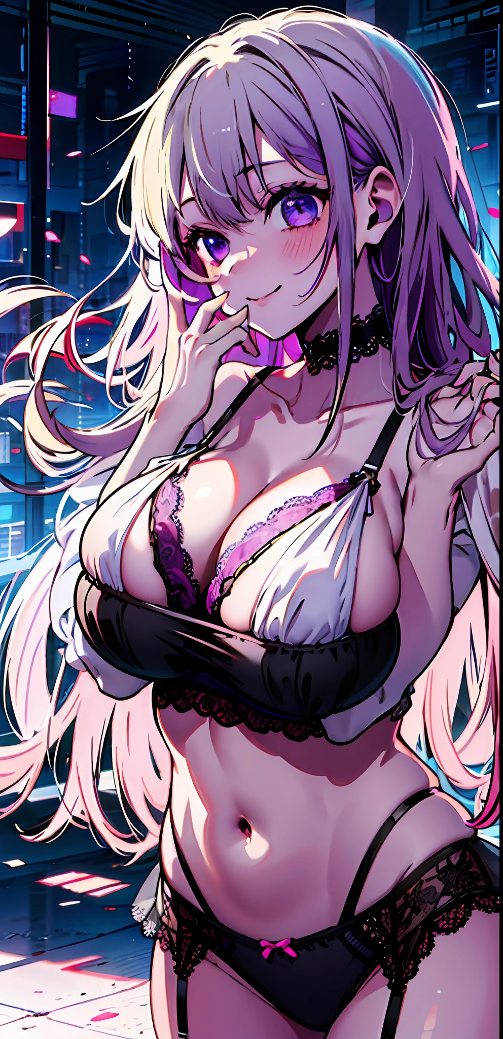 Original Character , 1girl, (Seductive smile:1.2) , Purple colored hair , By bangs , Seductive eyes , Place your hands on your face , Purple blood splattered on the face, Color scheme of purple and black, with her mouth open, (largeeyes:1.2), glowing light eyes,huge boob,Purple lace lingerie,purple lace panties , Black eyes