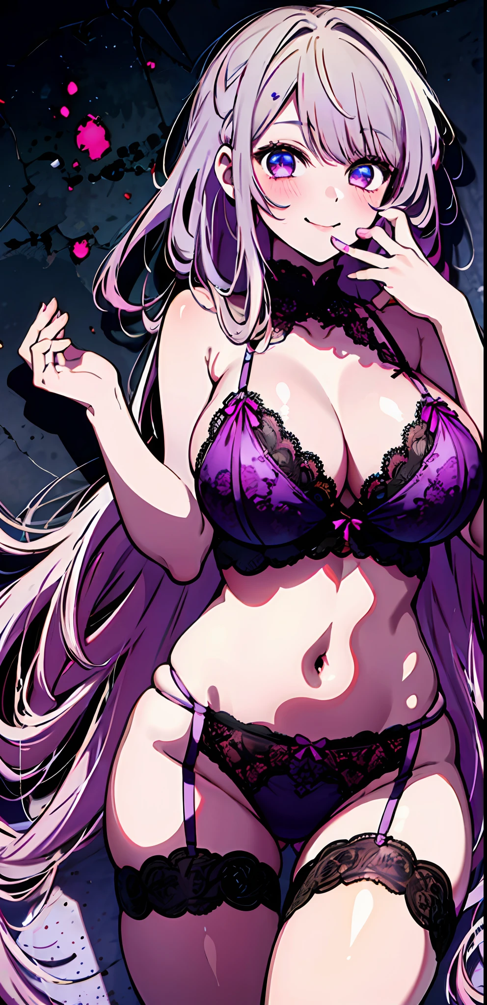Original Character ， 1girl， （Seductive smile：1.2） ， Purple colored hair ， By bangs ， Seductive eyes ， Place your hands on your face ， Purple blood splattered on the face， Color scheme of purple and black， with her mouth open， （largeeyes：1.2）， glowing light eyes，huge boob，Purple lace lingerie，purple lace panties ， Black eyes