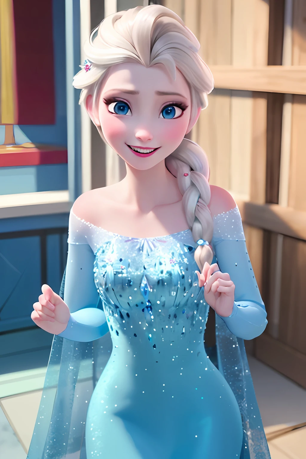 (obra maestra:1.4), (mejor calidad:1.4), (High resolution:1.4),Elsa de Arendelle, vestido azul hielo, single braid, They are smiling, boca abierta, cerrar, toma de cerca de la cara