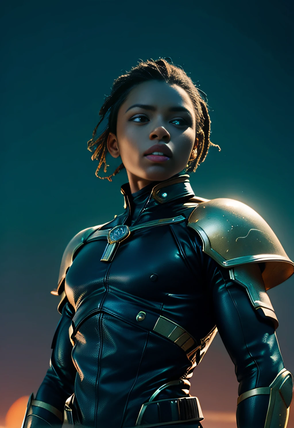 a close up of a man in a blue and black outfit,(((Male))), (Man), Dark skin, Black man, blue space suit, in a scifi movie, from a 2 0 1 9 sci fi 8 k movie, gold sci - fi armour, clothed in sci-fi military armor, textless, altered carbon series, afrofuturism style, sci fi, key art, afrofuturism, wakanda, Picture of the week, RAW, beautiful, (finely detailed skin), African skin, pilot, imechanical futuristic uniform, weapon in holster, glowing electrick Clouds in the background, lightning, extremely detailed,colorful,highest detailed, (dynamic pose), shiny skin, zentangle, flowers, abstract background,(masterpiece) (perfect proportion)(realistic photo)(best quality) (detailed) photographed on a Canon EOS R5, 50mm lens, F/2.8, HDR, (8k) (wallpaper) (cinematic lighting) (dramatic lighting) (sharp focus) (intricate)