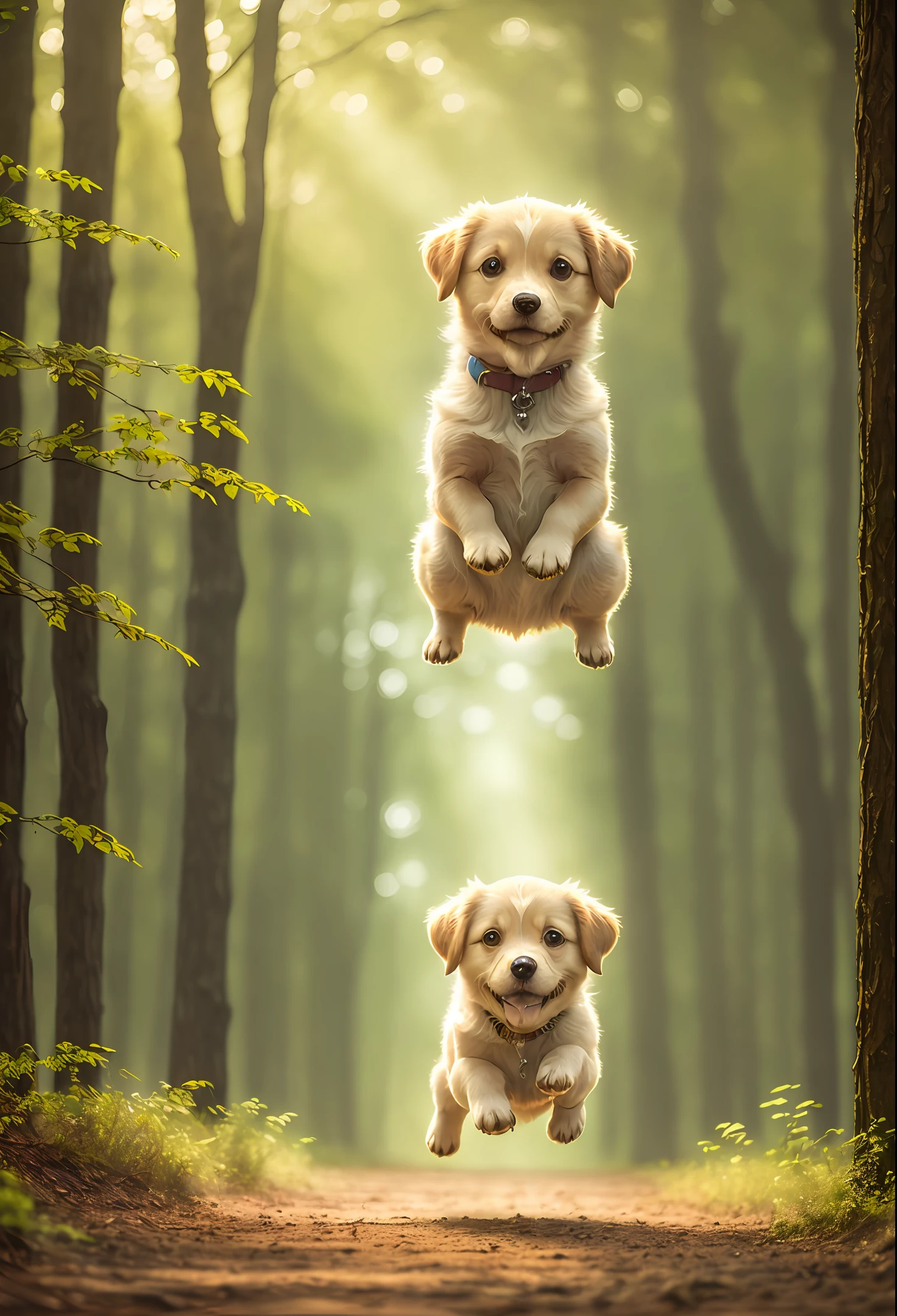 (best quality: 1.2), (masterpiece: 1.2), (realistic: 1.2),  closeup photo, a very cute jumping puppy in the forest, soft volumetric lights, (looking at the viewer: 1.3), (backlit:1.3), (cinematic:1.2), intricate details, masterpiece