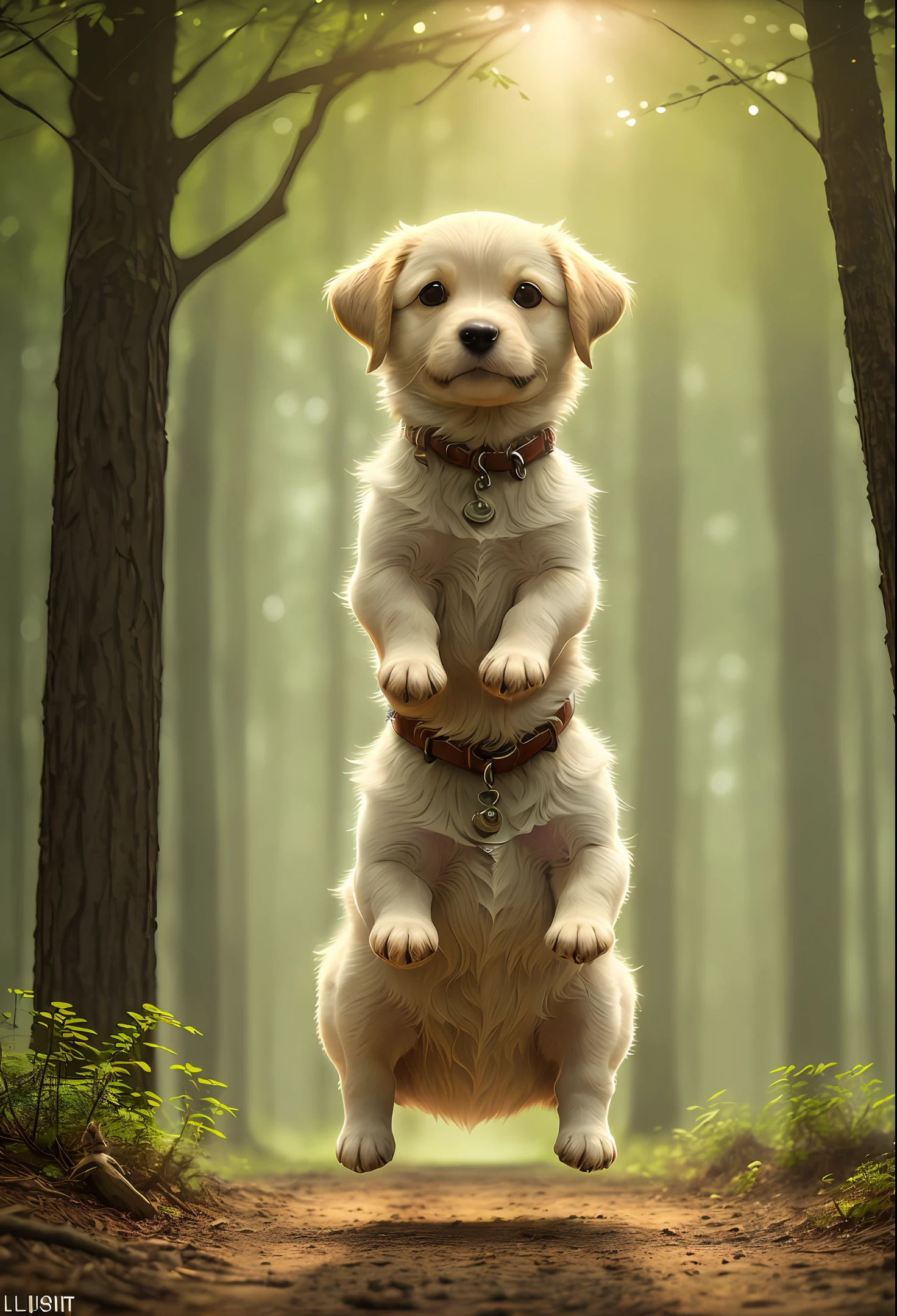 (best quality: 1.2), (masterpiece: 1.2), (realistic: 1.2), closeup photo, a very cute jumping puppy in the forest, soft volumetric lights, (looking at the viewer: 1.3), (backlit:1.3), (cinematic:1.2), intricate details, masterpiece