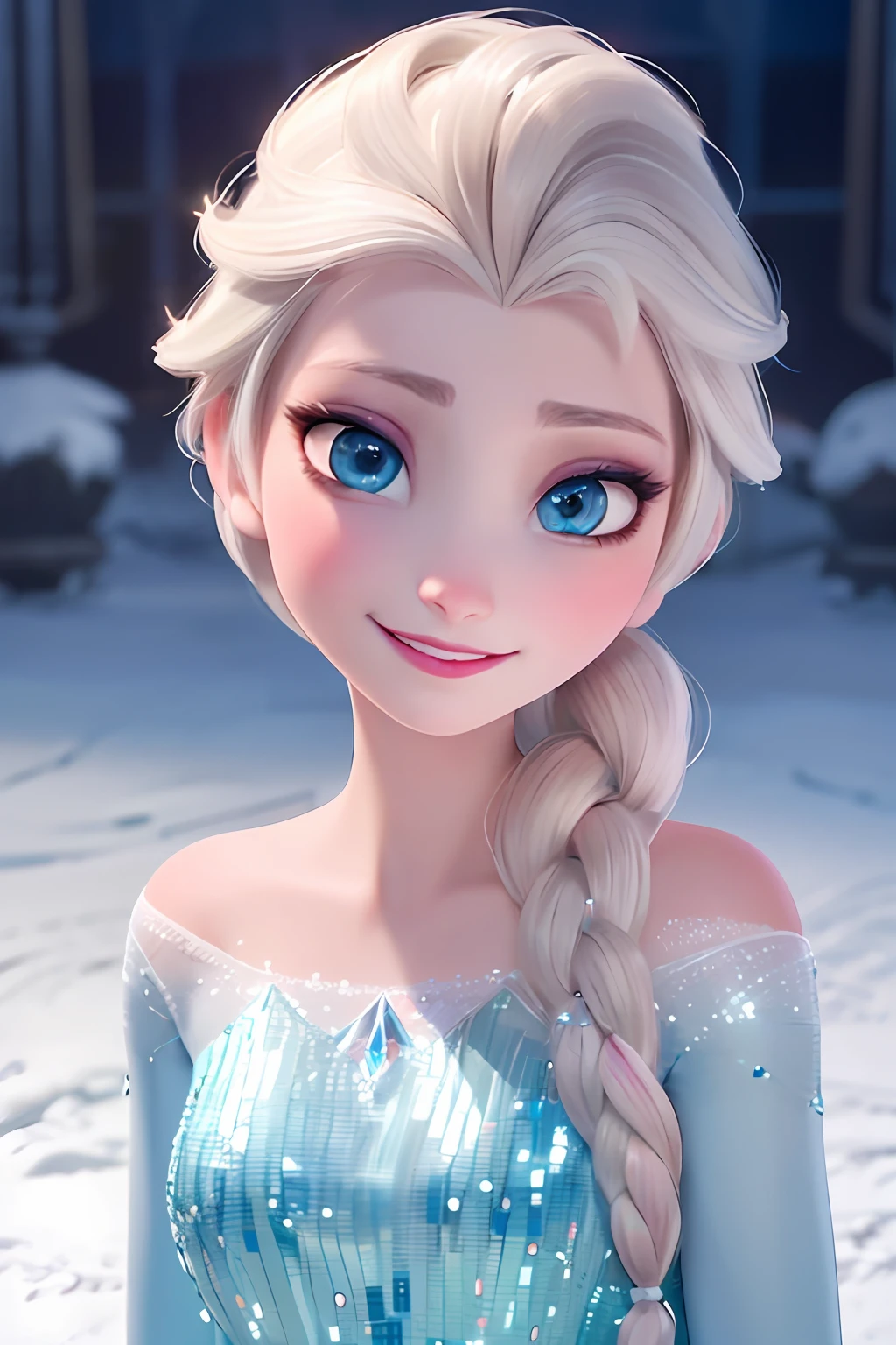 (Obra maestra:1.4), (Mejor calidad:1.4), (High resolution:1.4),Elsa de Arendelle, Vestido azul hielo, single braid, Sonrísa, boca abierta, Toma de retrato en primer plano, close up, toma de cerca de la cara, perfect symmetrical eyes, big smile