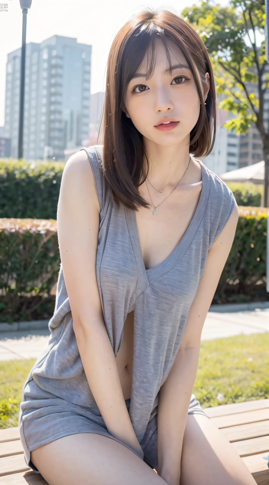 mix4, 20 days, Solo, Long_Hair, Nanase Nishino, Haruka Kaki, park, bench, Seated, (8K, RAW photography, Best quality, Masterpiece:1.2), (Realistic, Photorealistic: 1.37), Professional lighting, photon maping, Radio City, physically-based renderingt