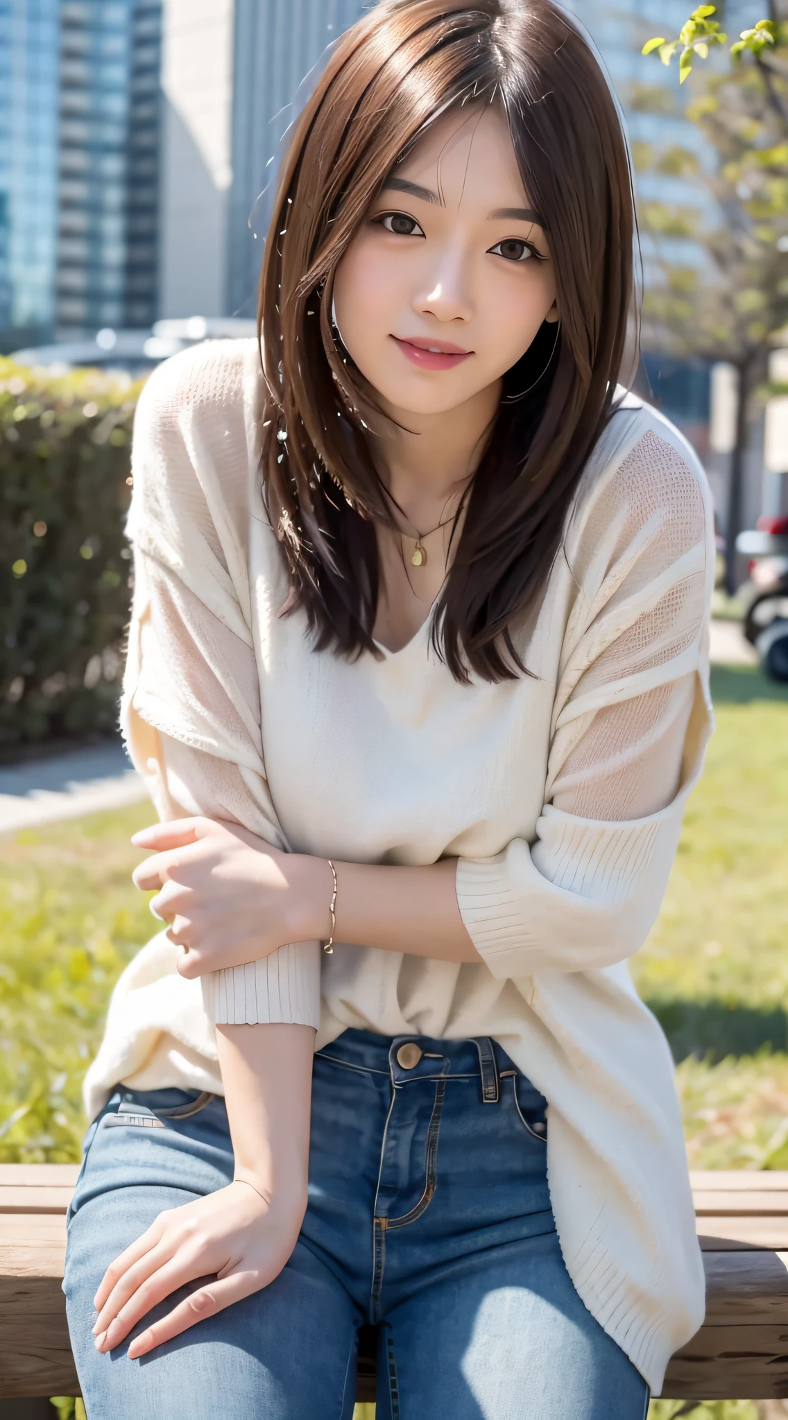 mix4, 20 days, Solo, Long_Hair, Nanase Nishino, Haruka Kaki, park, bench, Seated, (8K, RAW photography, Best quality, Masterpiece:1.2), (Realistic, Photorealistic: 1.37), Professional lighting, photon maping, Radio City, physically-based renderingt