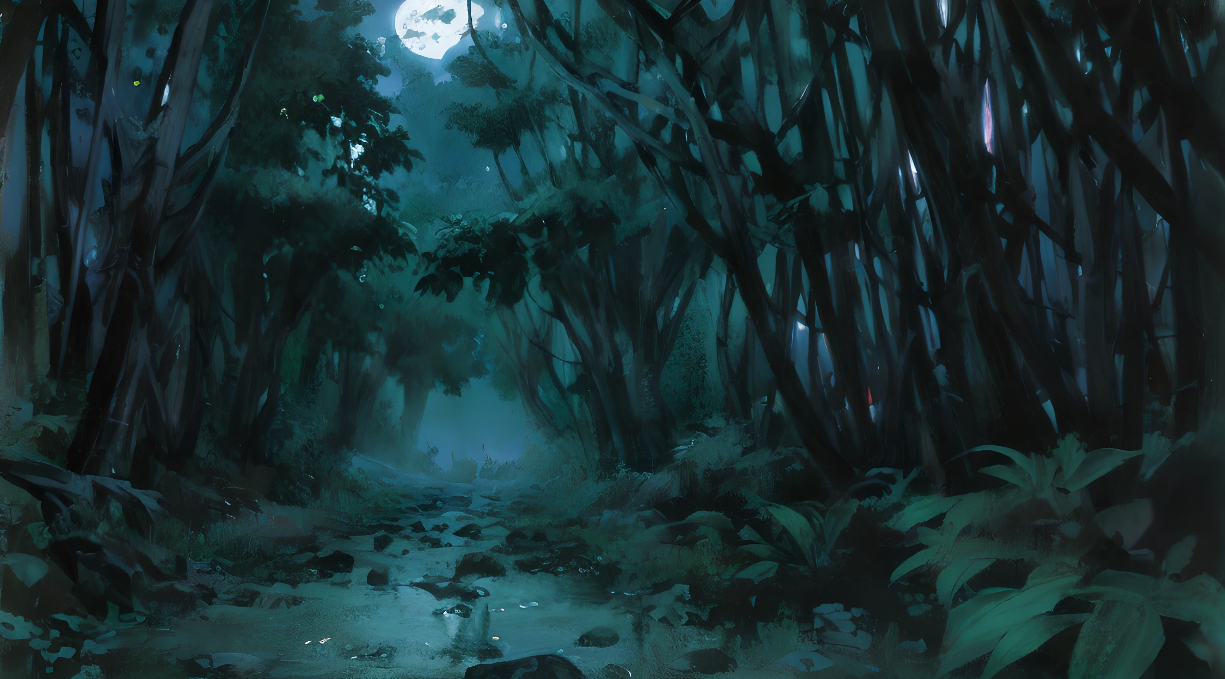 (((carretera en el centro))) Luz de luna (((Noche espeluznante, niebla)))(((blue cool tones))), oils, detallado e intrincado, of a dense jungle filled with exotic plants, Luz de luna, (((Noche espeluznante, niebla))). Al estilo de Yoshitaka Amano y Hayao Miyazaki, Obra maestra, proporcional, Detallado, tendencias en Artstation, beautiful lighting, realista, intrincado, Galardonado, 4k, Highest Quality Award-Winning, Pintura digital 4K al estilo de Yoshitaka Amano. Detailed and intricate depiction of a zombie apocalypse, capturando magistralmente el caos y el drama de la escena. The beautiful lighting and cinematographic composition make this piece a true masterpiece.