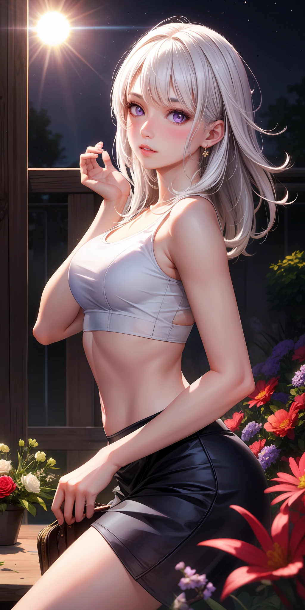 Realistic, 1girl, white hair, purple eyes, glowing eyes, crop top, skirt, parted lips, blush, night, flowers, sun, sunlight,