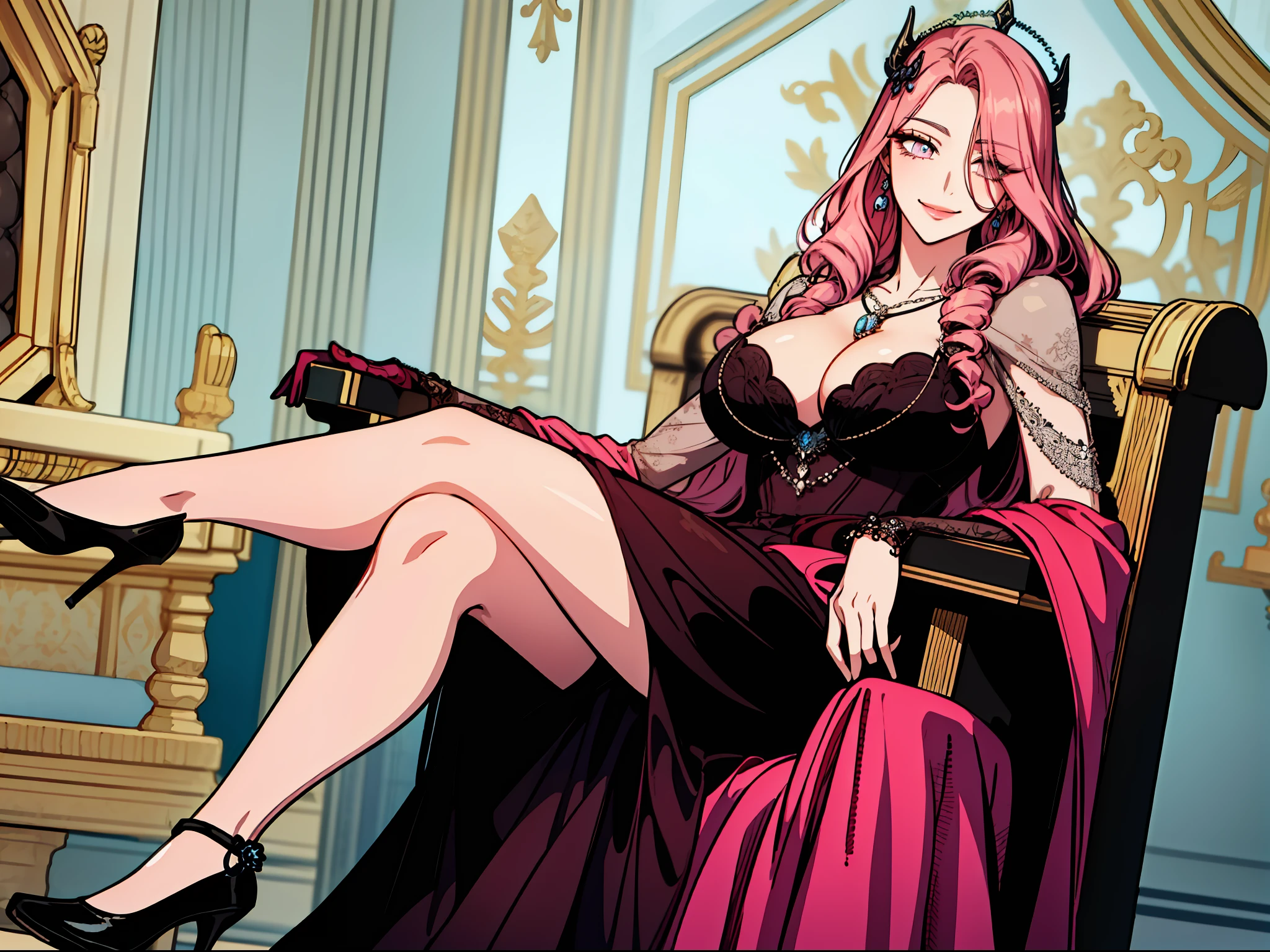 sadistic smile, shoujo-style, pink drill hair, 
(masterpiece, best quality, ultra-detailed, official wallpaper), (beautiful detailed face, beautiful detailed eyes), long eyelashes, hair ornament, jewelry, necklace, cleavage, big breast, (full body), royal dress, throne, sitting, crossed legs, highheels, thick thighs