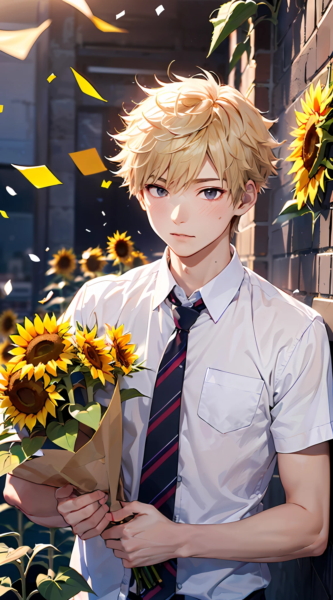 Master masterpiece、best qualtiy、8K、(16 years old male:1.5)、katsuki bakugou, blush,Grimace,(Confetti:1.2),(Have a bouquet of sunflowers:1.4)、White shirt with short sleeves、red necktie、Beautiful sky background