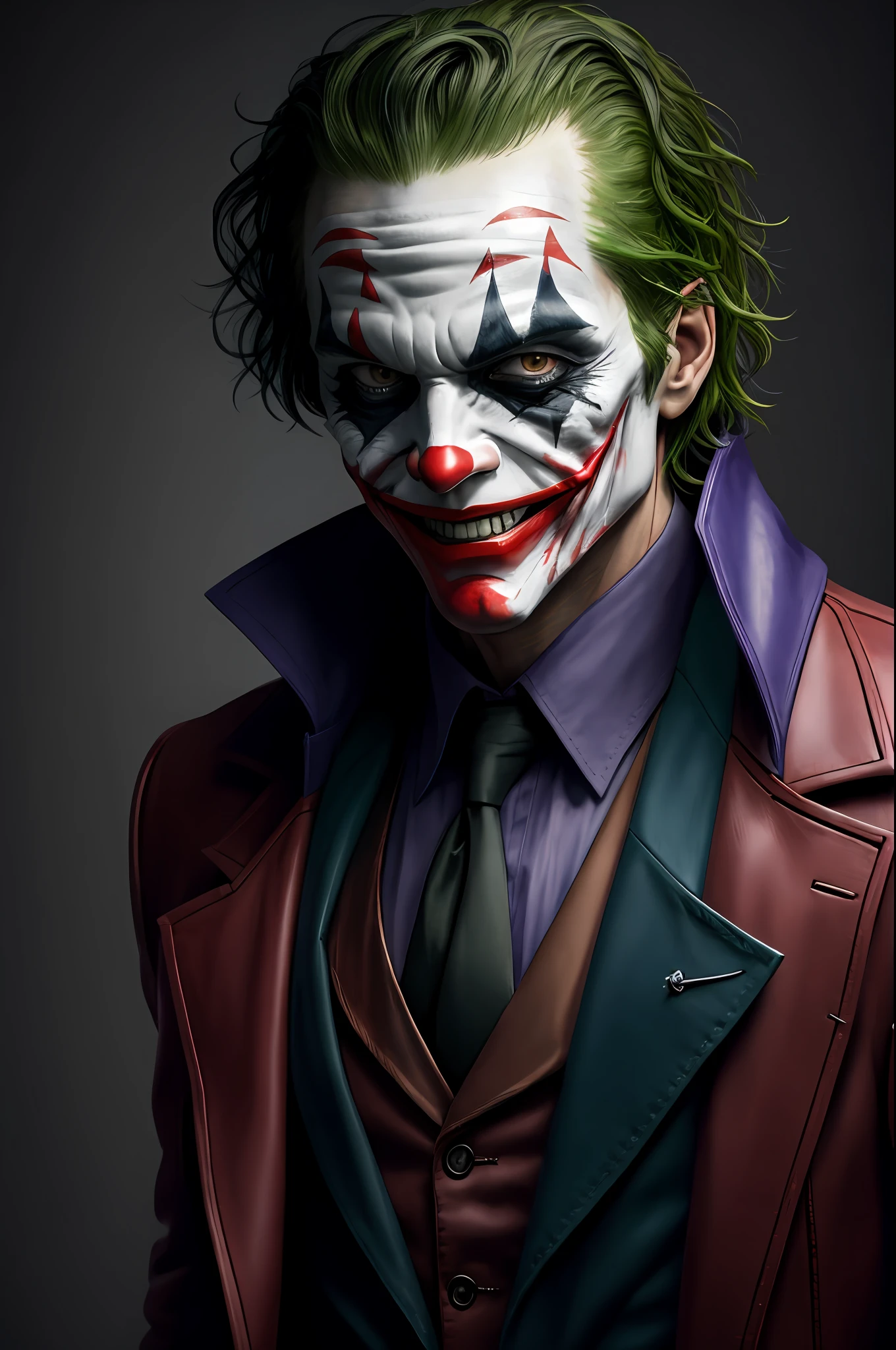 (8k,RAW photos,best qualtiy,tmasterpiece:1.2),ultra - detailed,offcial art,photograph realistic:1.37,upperbody shots,DC Joker,filmgrain,actionpose,ssmile