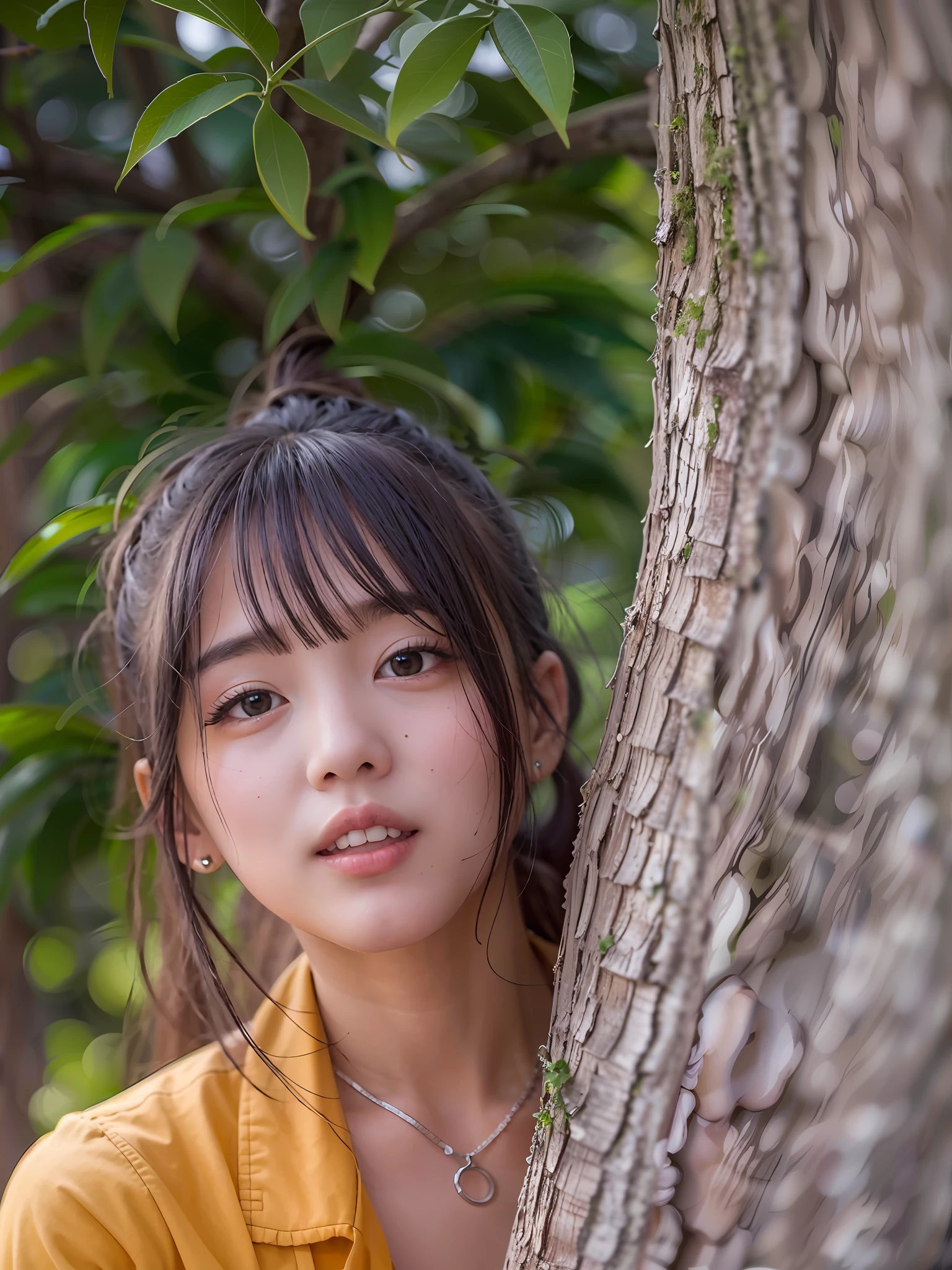 Araki woman leaning against a tree wearing a necklace, next to a tree, Young Asian girl, young cute wan asian face, A young Asian woman, Soft portrait shot 8 K, portrait of a japanese teen, chiho, portrait of female korean idol, young lovely Korean faces, lalisa manobal, on trees, inspirado por Kim Jeong-hui,Yellow shirt