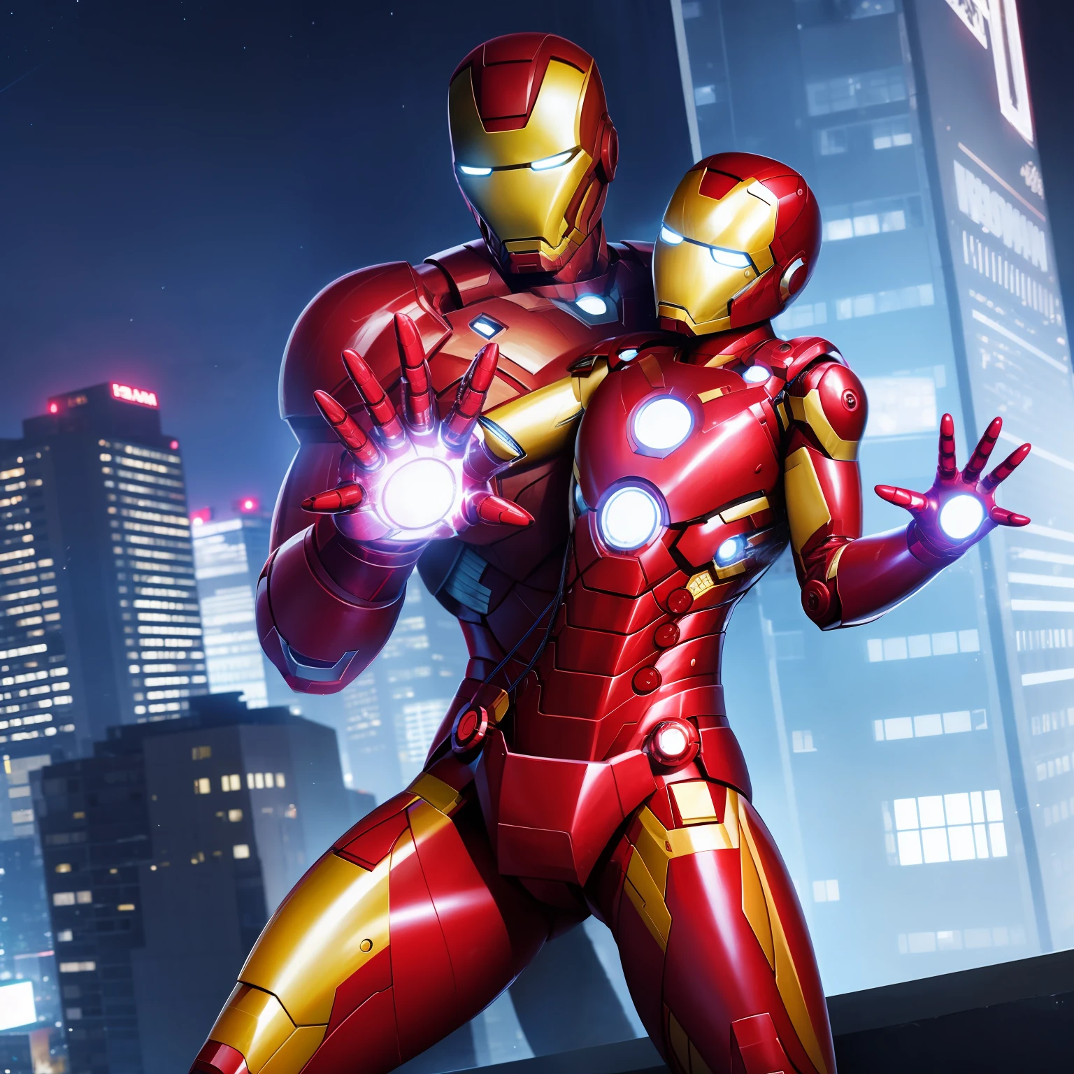 main body: Iron Man+woman
description: dyna+adolable/big breasts beautiful+decor+the night+Bright lights+buliding --auto