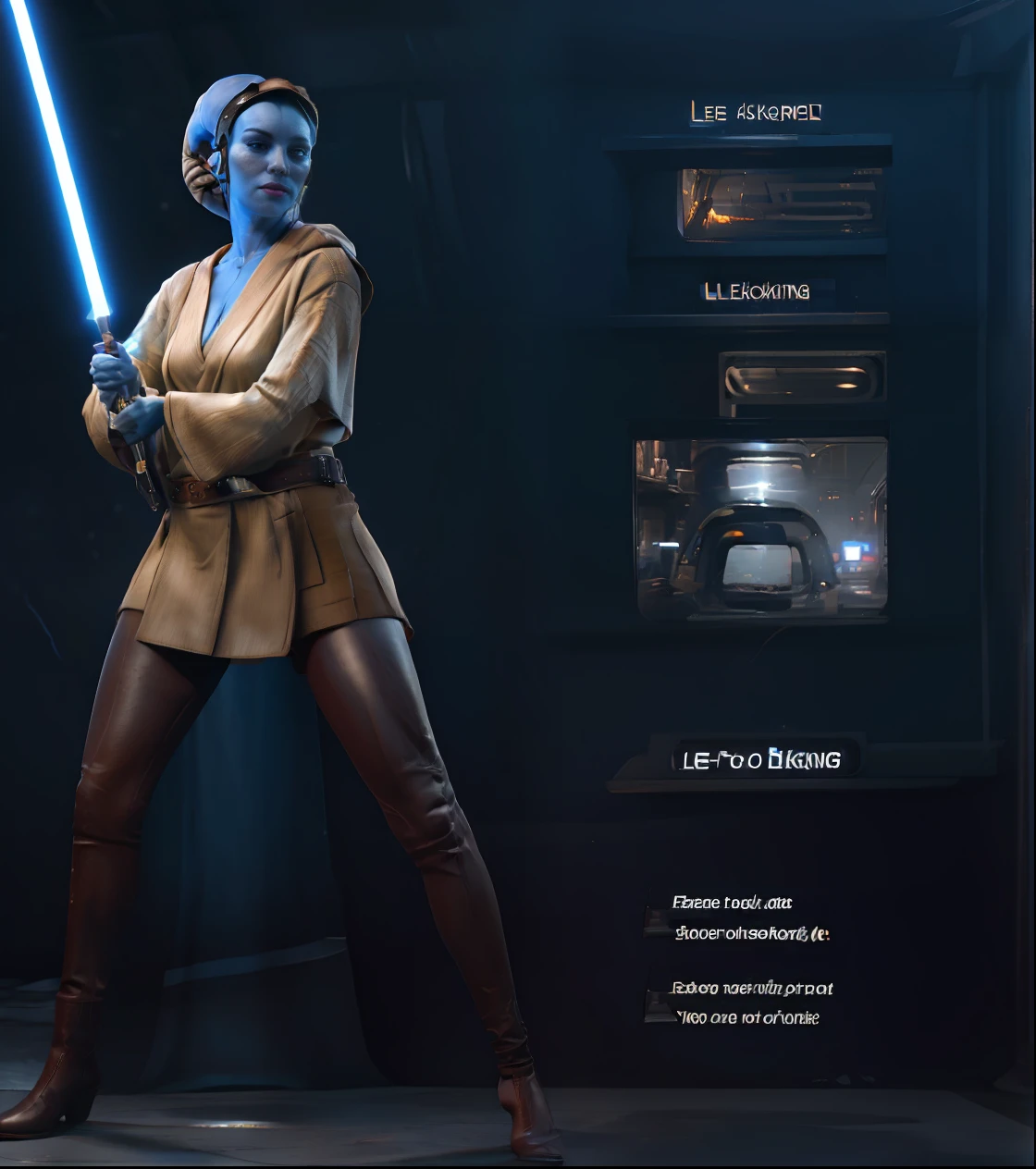 make realistic, 3d, lekku, twi'lek, blue skin, Jedi Robes, ambient lightning, dynamic pose, lots of details