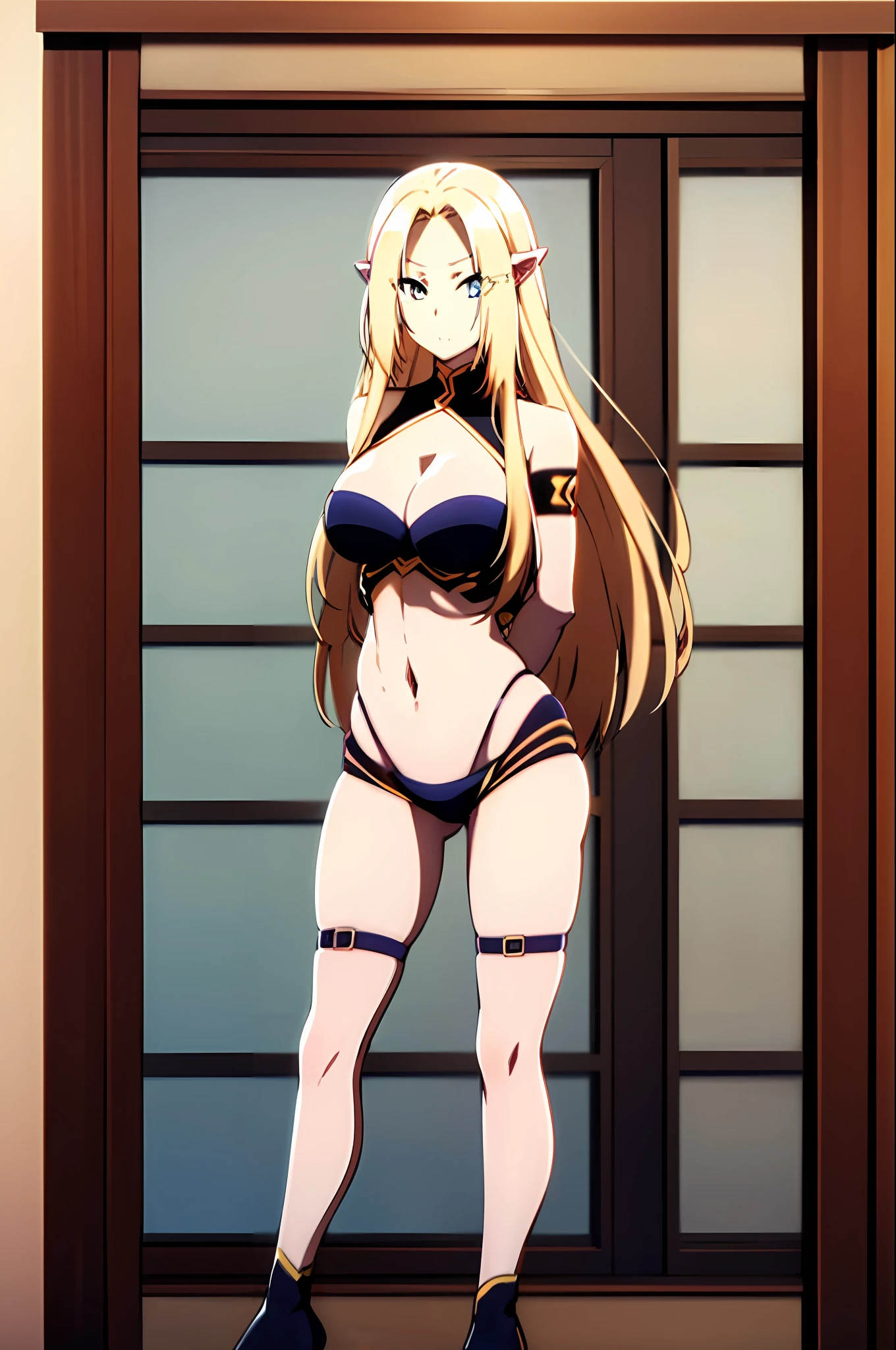 1girl, 独奏, blonde_Hair, edgy_Ears, gloweyes, Blue_eyes, Long_Hair, Sexy mature image, intense gaze, 4k resolution, Masterpiece, hight resolution, illustartion, extremely delicate and beautiful, Extremely detailed, higher_body, 鎖骨, cleavage, medium_pectorals, thighlet_strap, fit body, sexy muscular, covered belly of six cubes, Covered_bellybutton, bed room, Standing, olhando_at_Viewer, A perfect hips, Perfect eyes, perfect arms, Perfect fingers, perfect foots, A perfect hips, Perfectly traced anatomy,