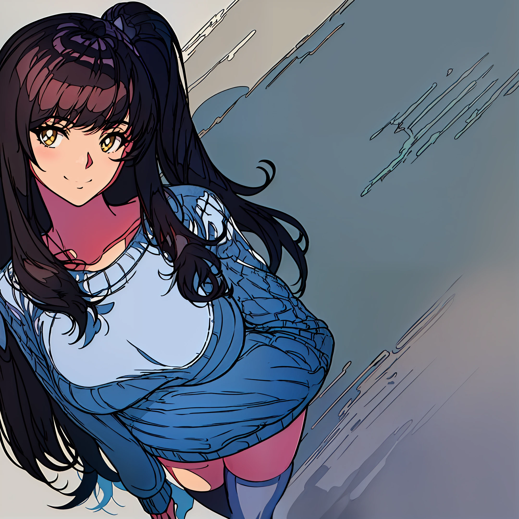 1woman,40s,masterpiece,highest quality,futao (genshin impact),butao,ponytail,brunette,solo,symbol pupil,long hair, finger heart, bangs, black shorts,(highly detailed CG unity 8k wallpaper), (masterpiece), (top quality), (super detailed), (best illustration), (best shadow), (realistic:1.4), 1girl on street, Kpop idol, ((very oversized sweater, button sweater, open sweater), (gray hair:1.1), collarbone, (middle breast: 1.3), viewer, smile, whole body, (Latax clothes, Latax stockings, soft smile, clothes smooth texture),