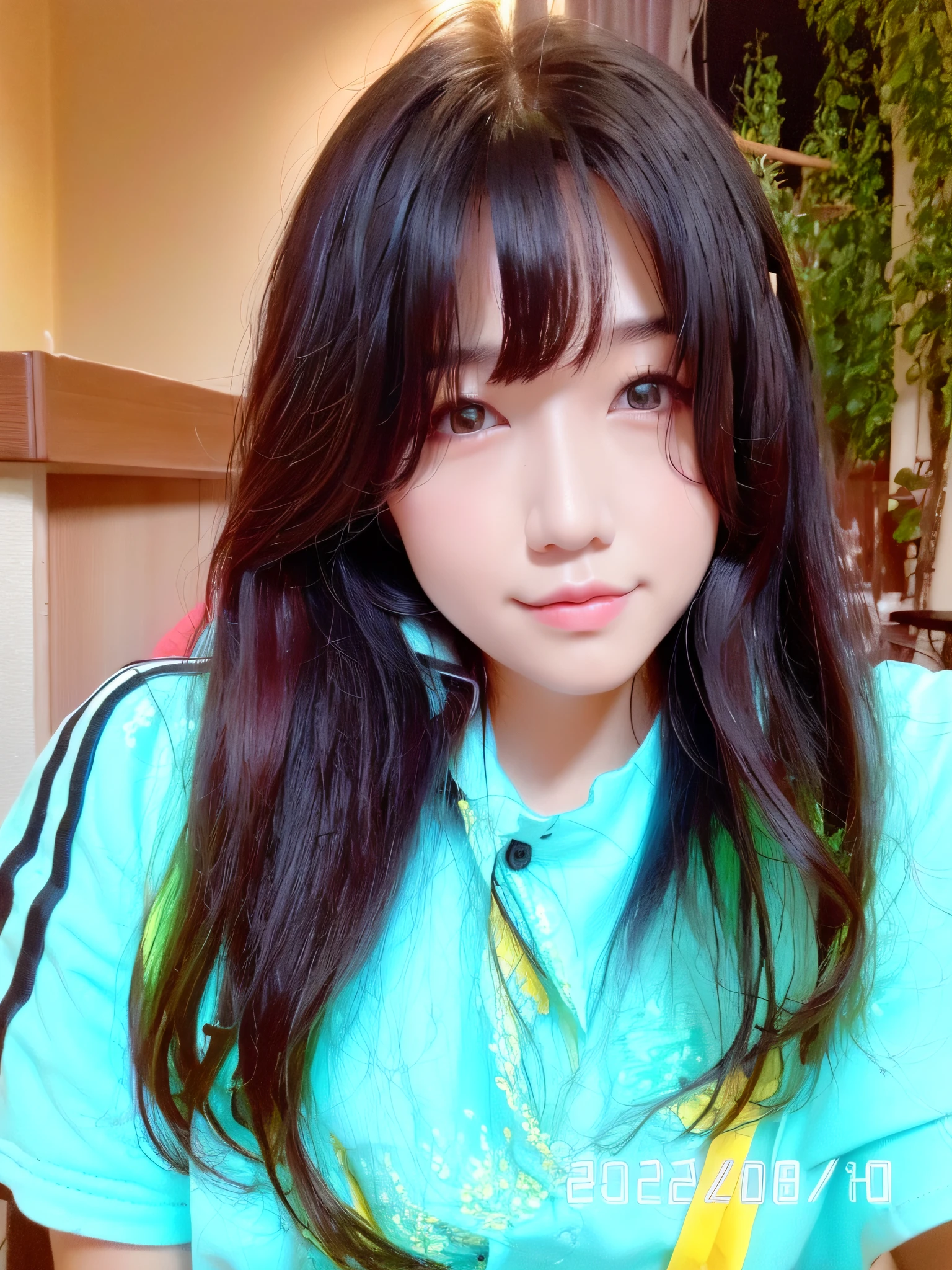 alafed asian woman，Long black hair and a shirt with a green collar, ulzzangs, 8k selfie photograph, dilraba dilmurat, With long hair, Ruan cute vtuber, jaeyeon nam, xintong chen, dang my linh, young cute wan asian face, wenfei ye, Wide forehead, with cute - fine - face