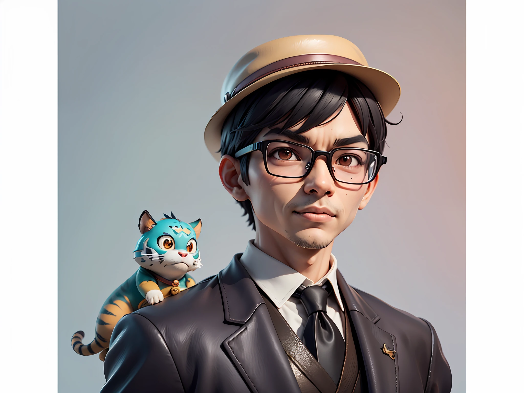 Young man with oriental face in leather hat, tiger, oriental face in formal suit, short black hair, silver glasses, digital painting, 3D character design by Mark Clairedon and Pixar and Hayao Miyazaki and Akira Toriyama, the illustration is a high-definition illustration in 4K resolution with very detailed facial features and cartoon-style visuals.