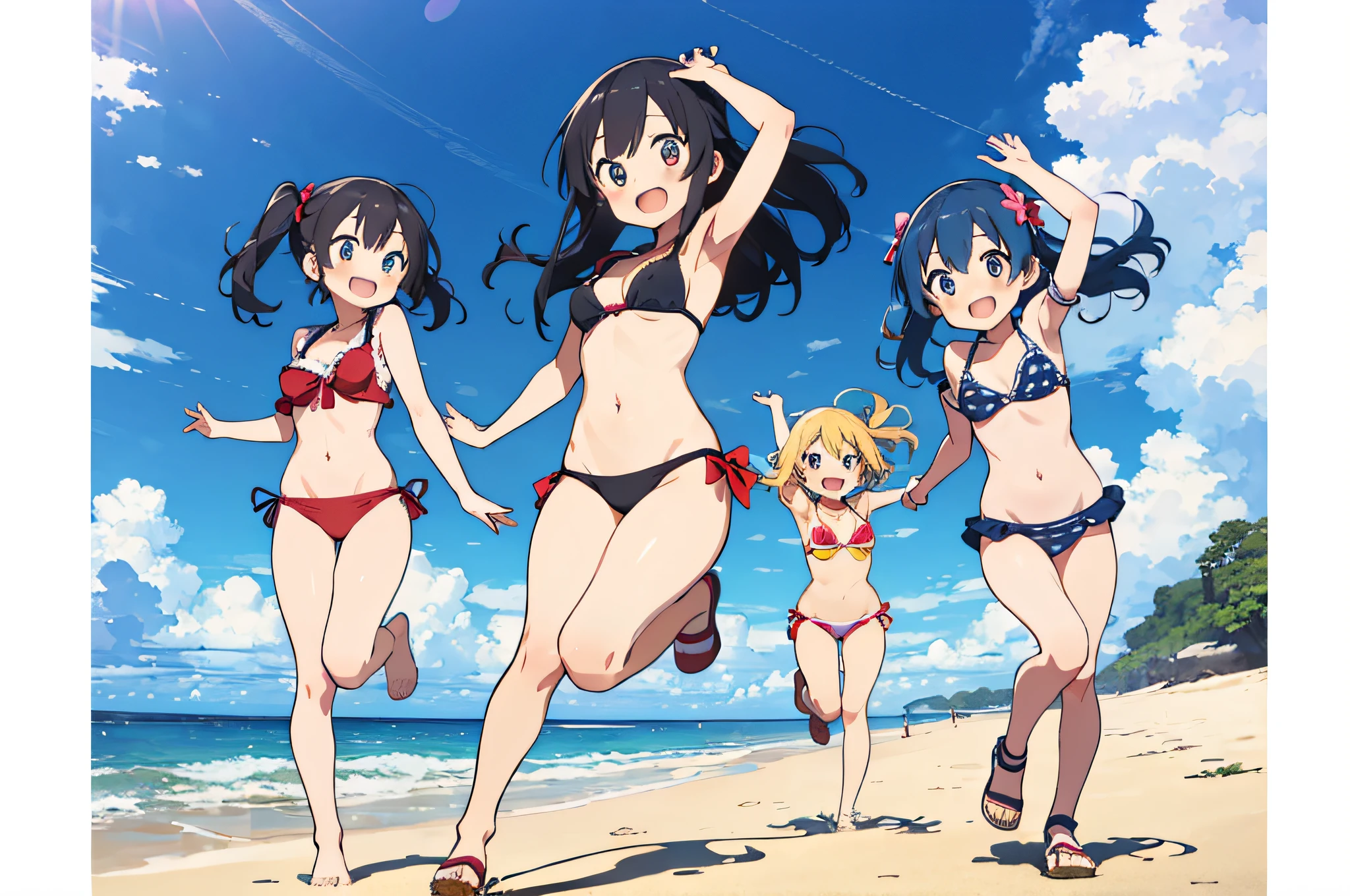 master piace, highest  quality,ultra-detailliert,8K_wall-paper,(beautidful eyes),((cute little)),(Wonderful),(erotick),anime moe art style,Three girls frolicking on a sunny beach,bikini,Smile,Dynamic Pose,Open mouth|close mouth,Full body,bare-legged,,