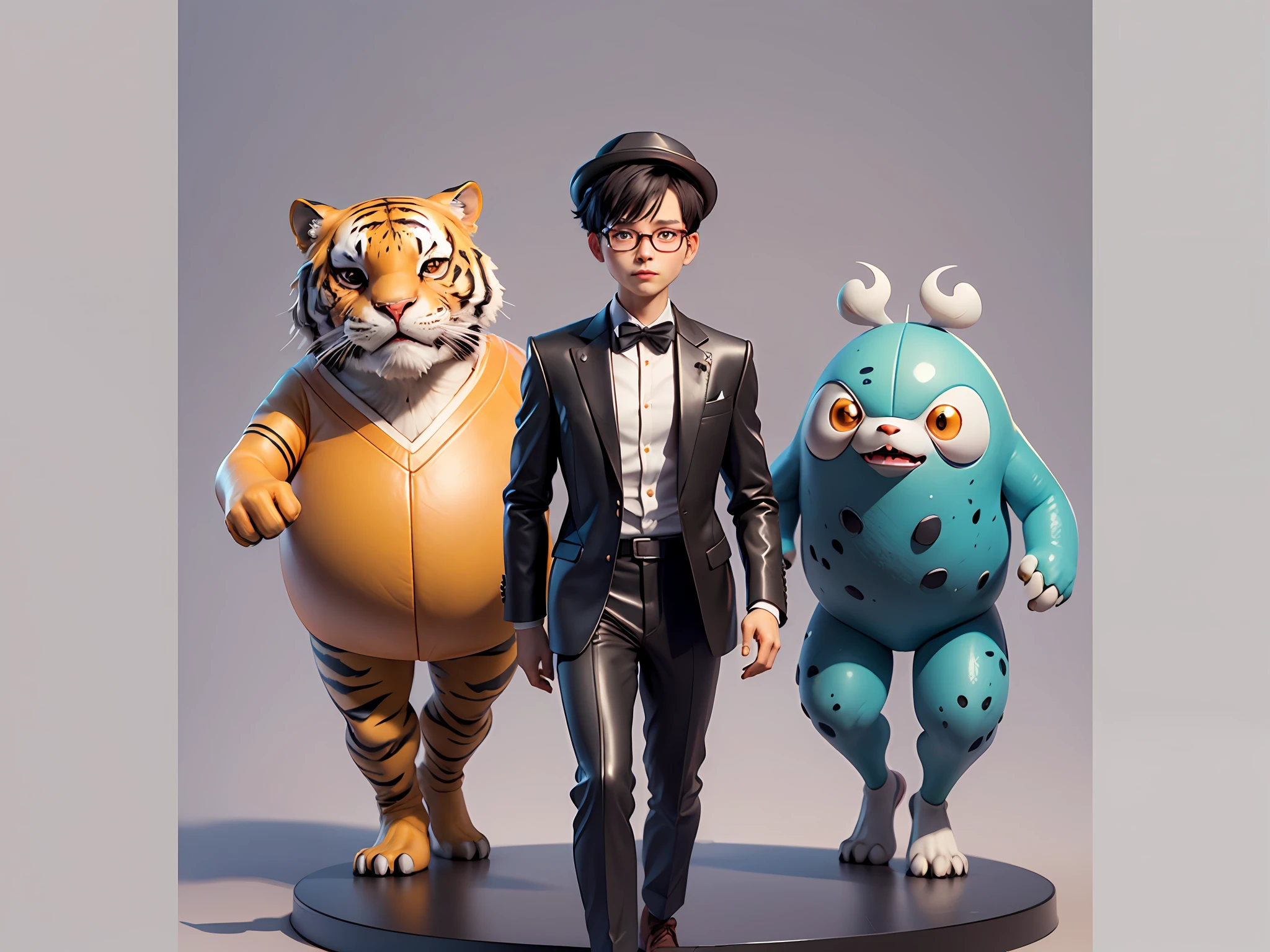 Young man with oriental face in leather hat, tiger, oriental face in formal suit, short black hair, silver glasses, digital painting, 3D character design by Mark Clairedon and Pixar and Hayao Miyazaki and Akira Toriyama, the illustration is a high-definition illustration in 4K resolution with very detailed facial features and cartoon-style visuals.