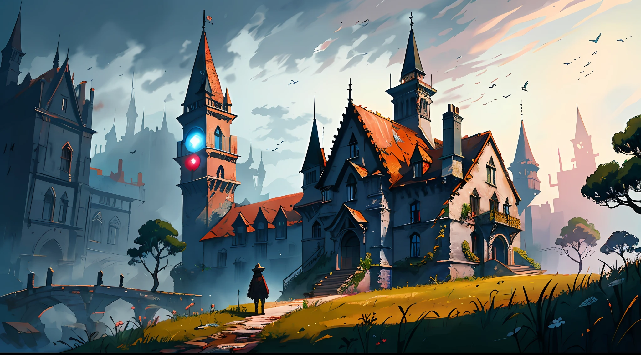 An ultra-detailed and intricate digital illustration of a villager on a hill looking at an abandoned medieval town, (Inspirado em Bloodborne), arte no estilo de bloodborne, atmosfera de terror, cores escuras, (horror), fantasia, ultra detalhada, trending on ArtStation, extremely detailed illustration, semi-realista, intrincado, alta resolução, 4k, Pintura Digital 4K