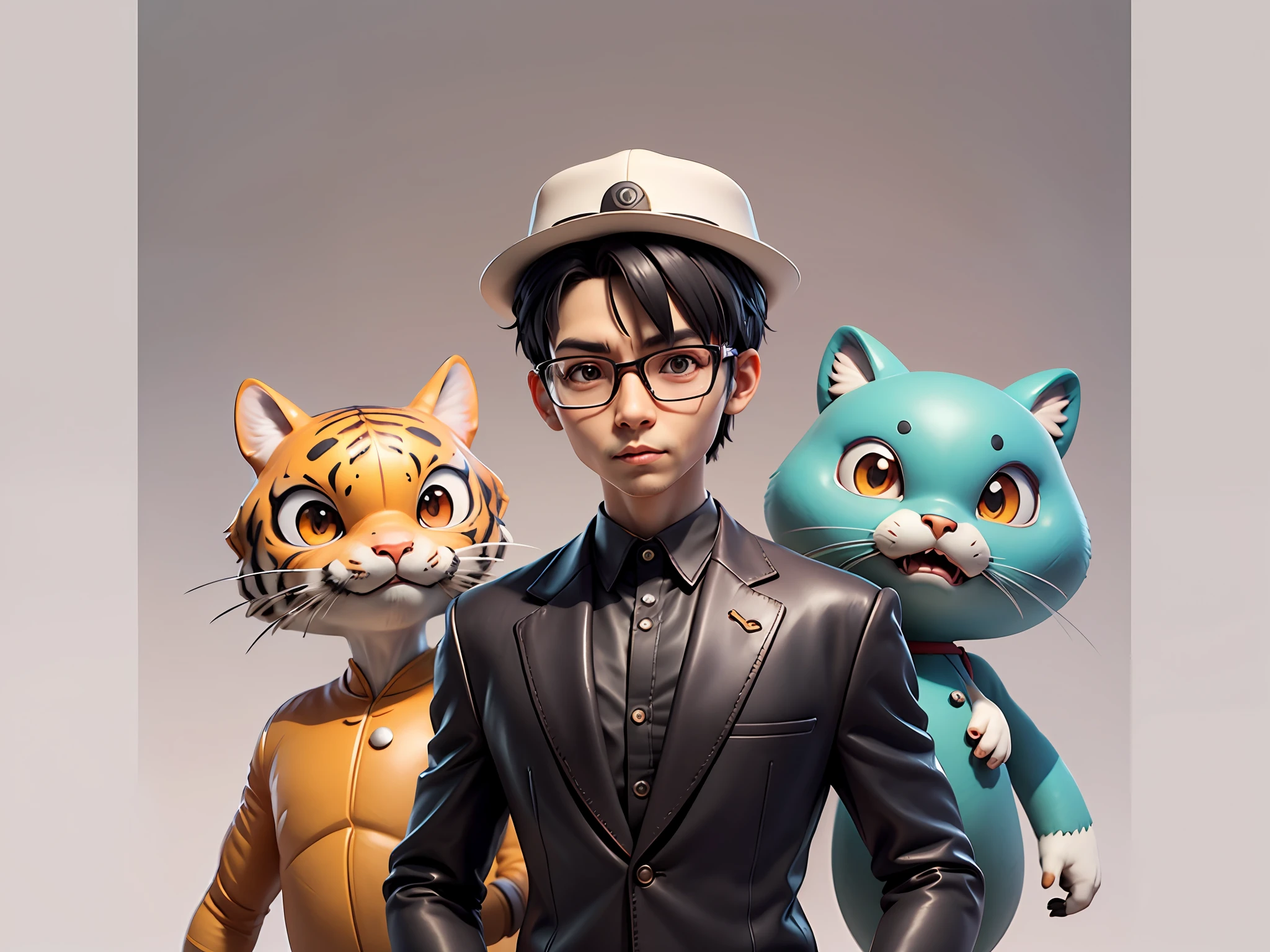 Young man with oriental face in leather hat, tiger, oriental face in formal suit, short black hair, silver glasses, digital painting, 3D character design by Mark Clairedon and Pixar and Hayao Miyazaki and Akira Toriyama, the illustration is a high-definition illustration in 4K resolution with very detailed facial features and cartoon-style visuals.