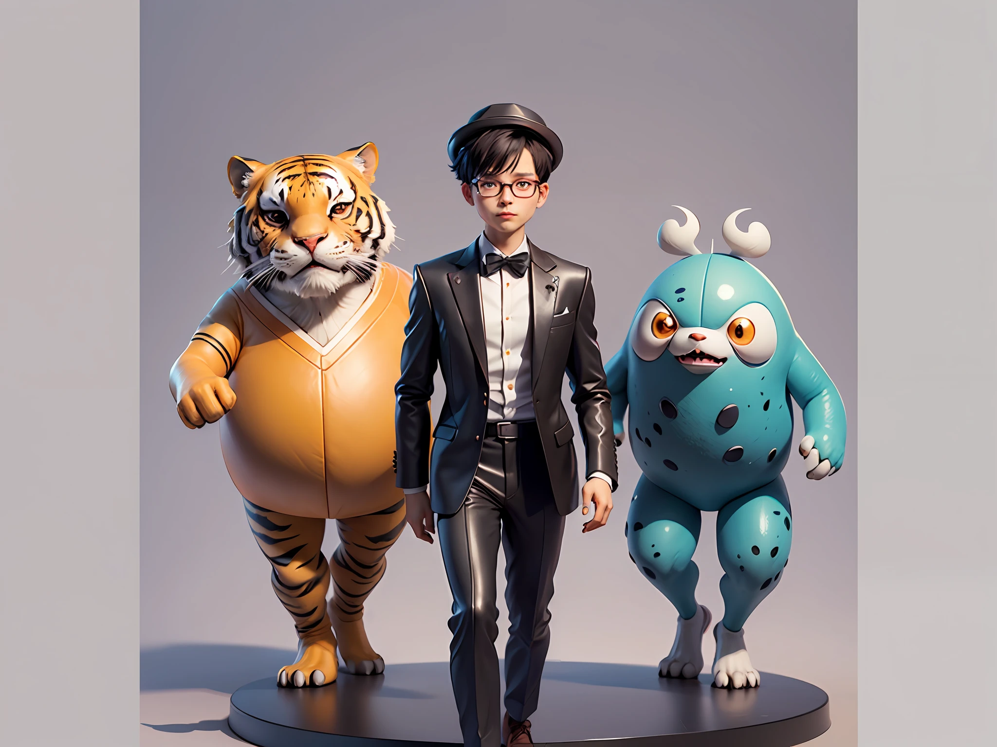 Young man with oriental face in leather hat, tiger, oriental face in formal suit, short black hair, silver glasses, digital painting, 3D character design by Mark Clairedon and Pixar and Hayao Miyazaki and Akira Toriyama, the illustration is a high-definition illustration in 4K resolution with very detailed facial features and cartoon-style visuals.