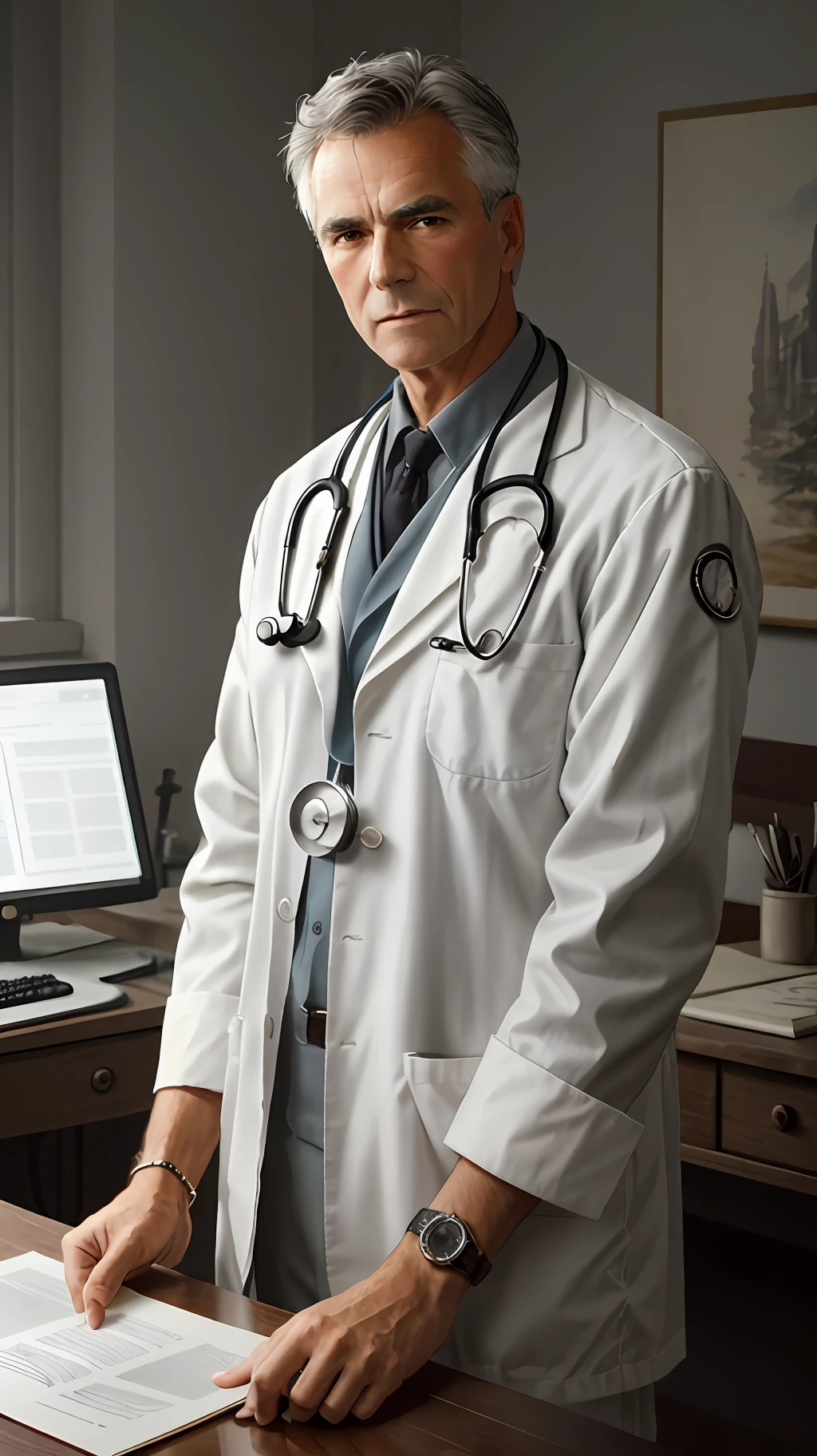 timeless style, 1950s full shot body photo of the most beautiful artwork in the world featuring (ww2) male doctor sitting on a desk nearby, grey hair, old man,  white outfit,(handsome,sexy,hot old male doctor),((detailed face and eyes)), (well defined face, gentleman:1.3 ),focus on male, male focus, man, real human skin,  nostalgia, 1man, stethoscope, heart professional majestic oil painting by Ed Blinkey, Atey Ghailan, Studio Ghibli, by Jeremy Mann, Greg Manchess, Antonio Moro, trending on ArtStation, trending on CGSociety, Intricate, High Detail, Sharp focus, dramatic, photorealistic painting art by midjourney and greg rutkowski