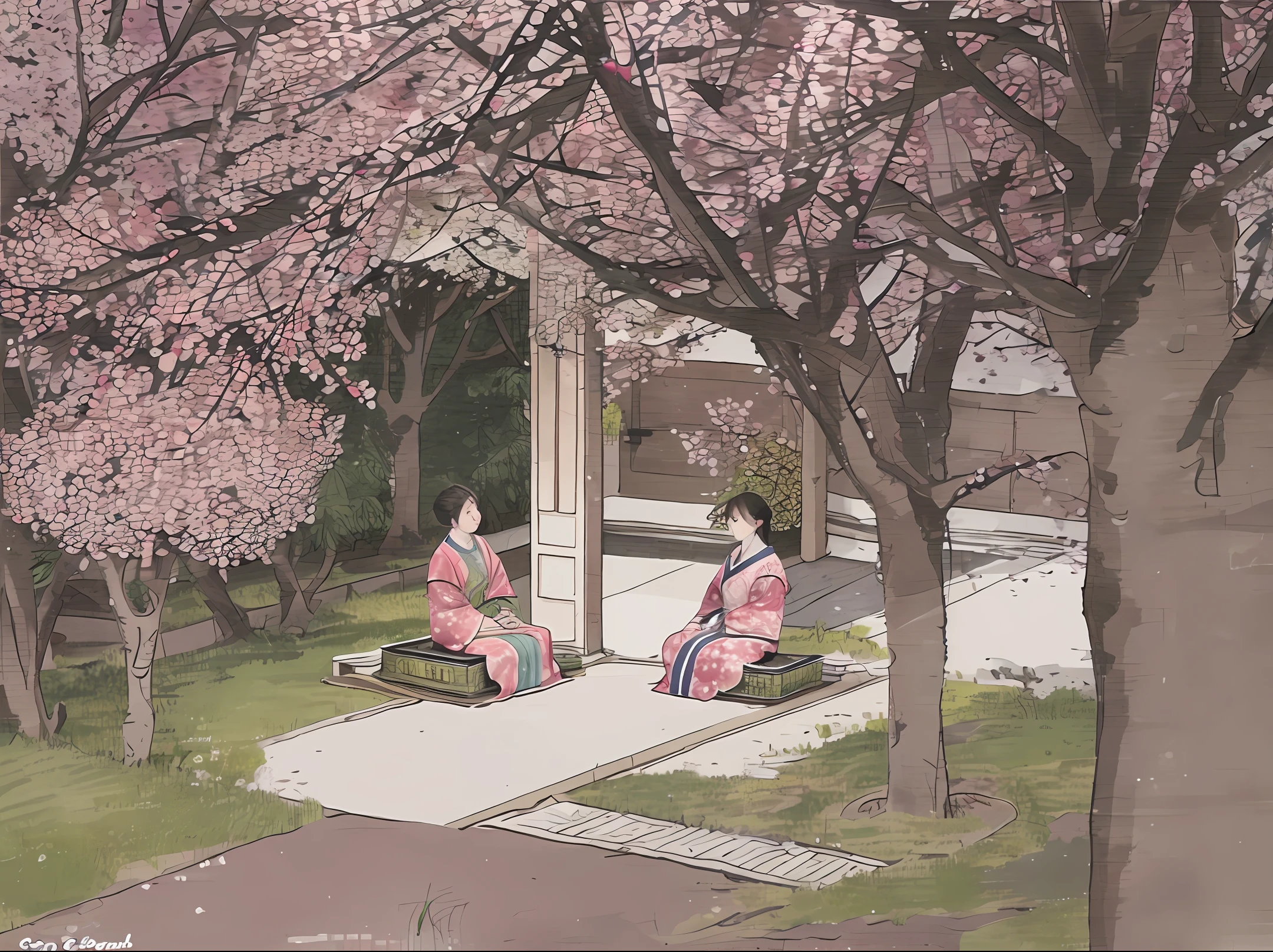 A man stands under a cherry blossom tree，looking at the distance，A woman sitting under a cherry blossom tree playing guzheng，Cartoon feel