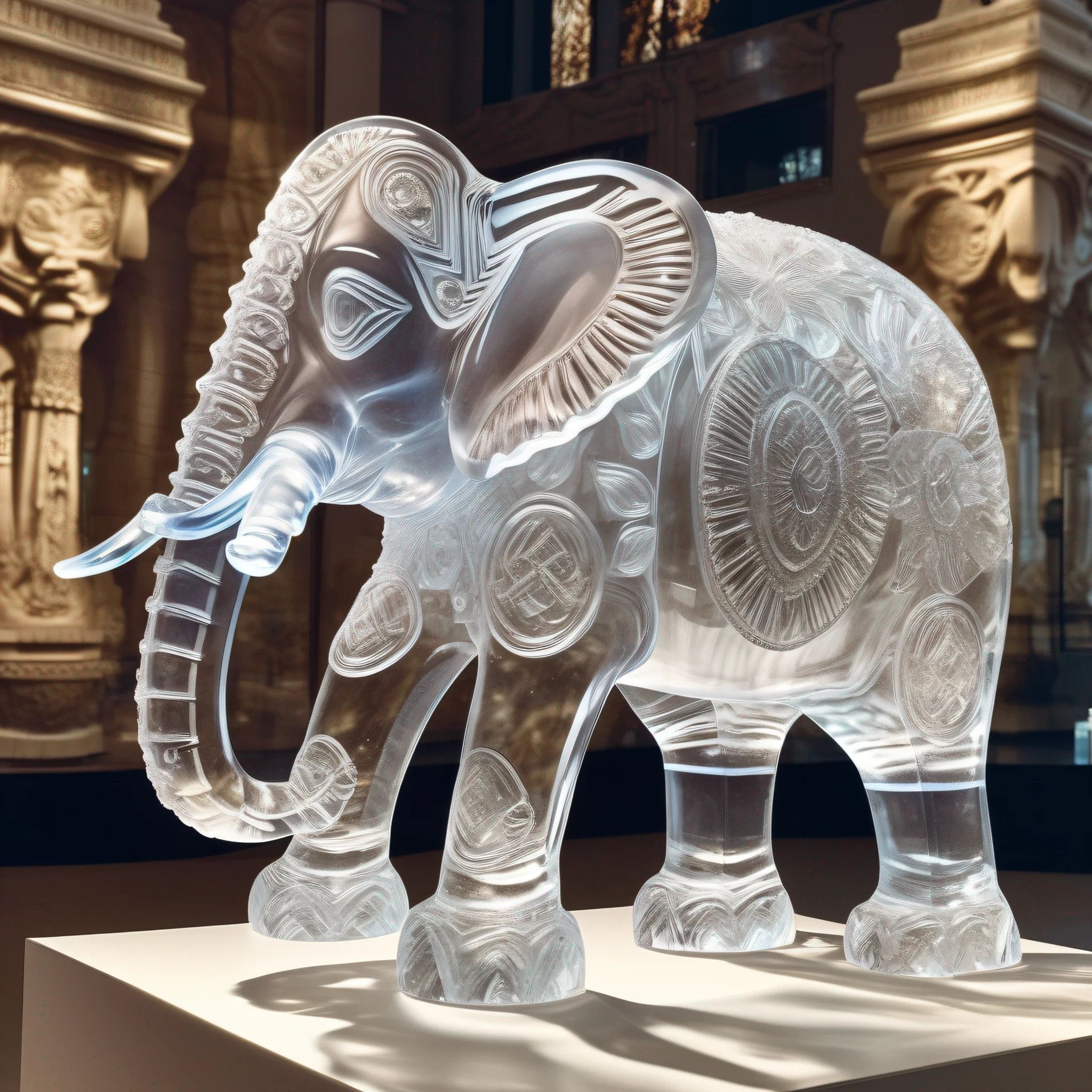 instagram photo, statue of an elephant in transparent crystal, wide angle, hyper detailed, crystal eyes, studio photo, made of ornate transparent crystal, on an exhibition altar, museum background