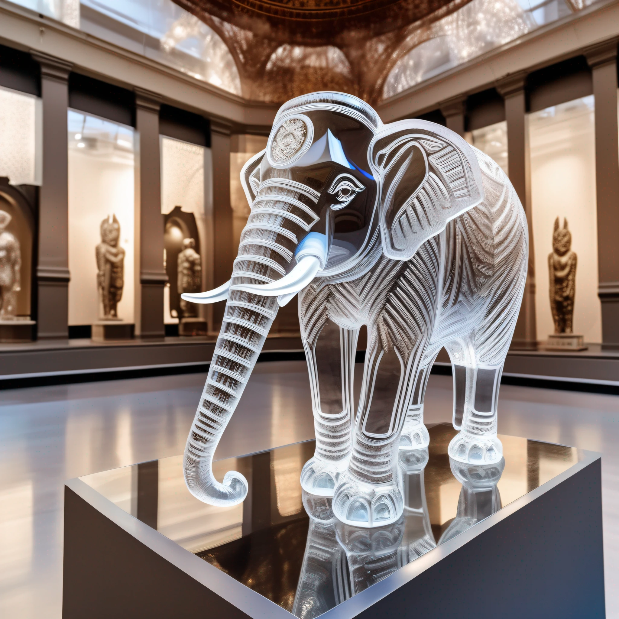 instagram photo, statue of an elephant in transparent crystal, wide angle, hyper detailed, crystal eyes, studio photo, made of ornate transparent crystal, on an exhibition altar, museum background