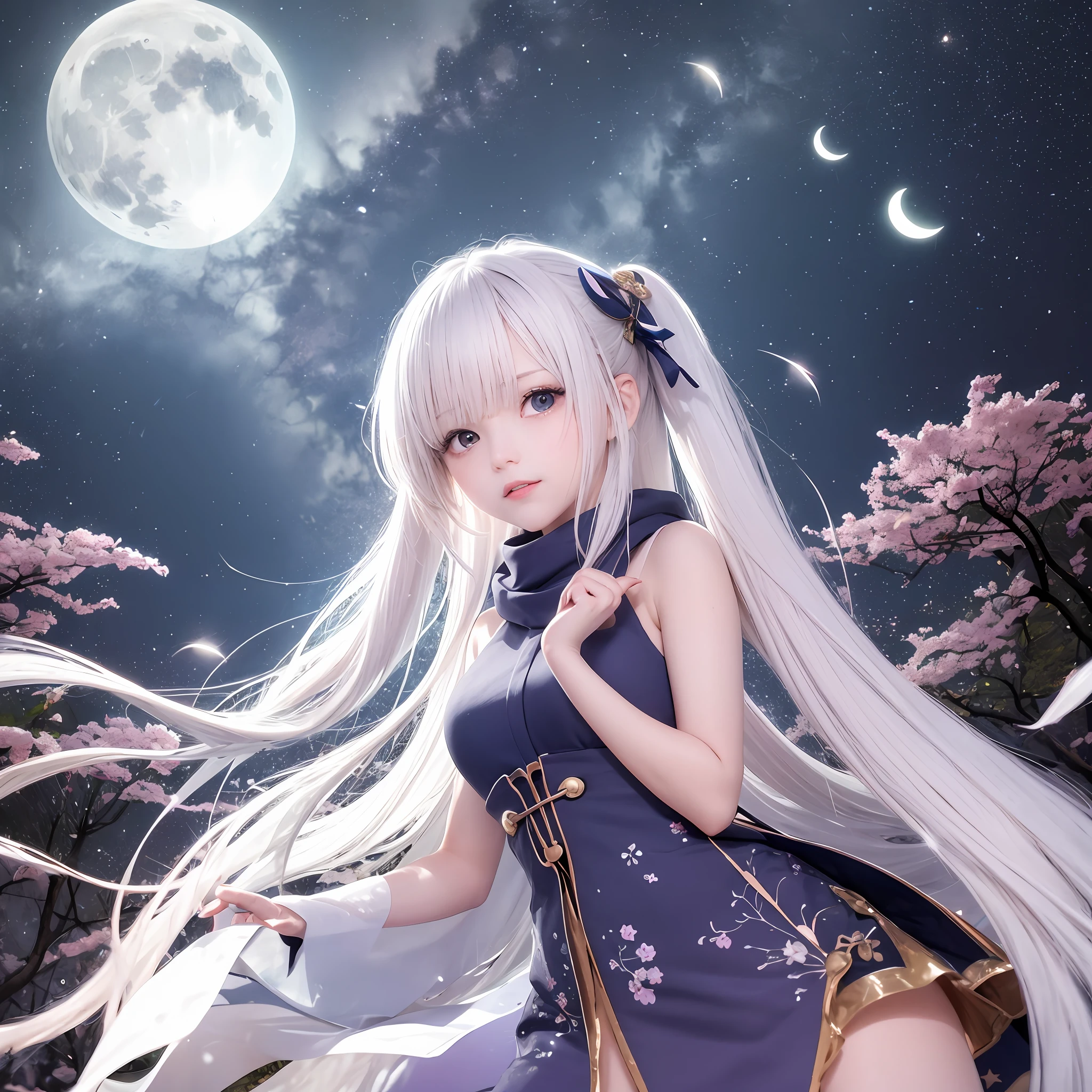 The upper part of the body、女の子1人、white  hair、Twin-tailed、middlebreast、Mansion、Purple Eye、(ninjartist)、daggers、Medium Breath、scarf、wall-paper、Magic array background、Particles of light、blue flames、 Japan anime-style odd eye spell, Create images of starry spring nights, Cherry blossoms falling under clear skies、I see the moon. Add some stars using screentones for magic effects.