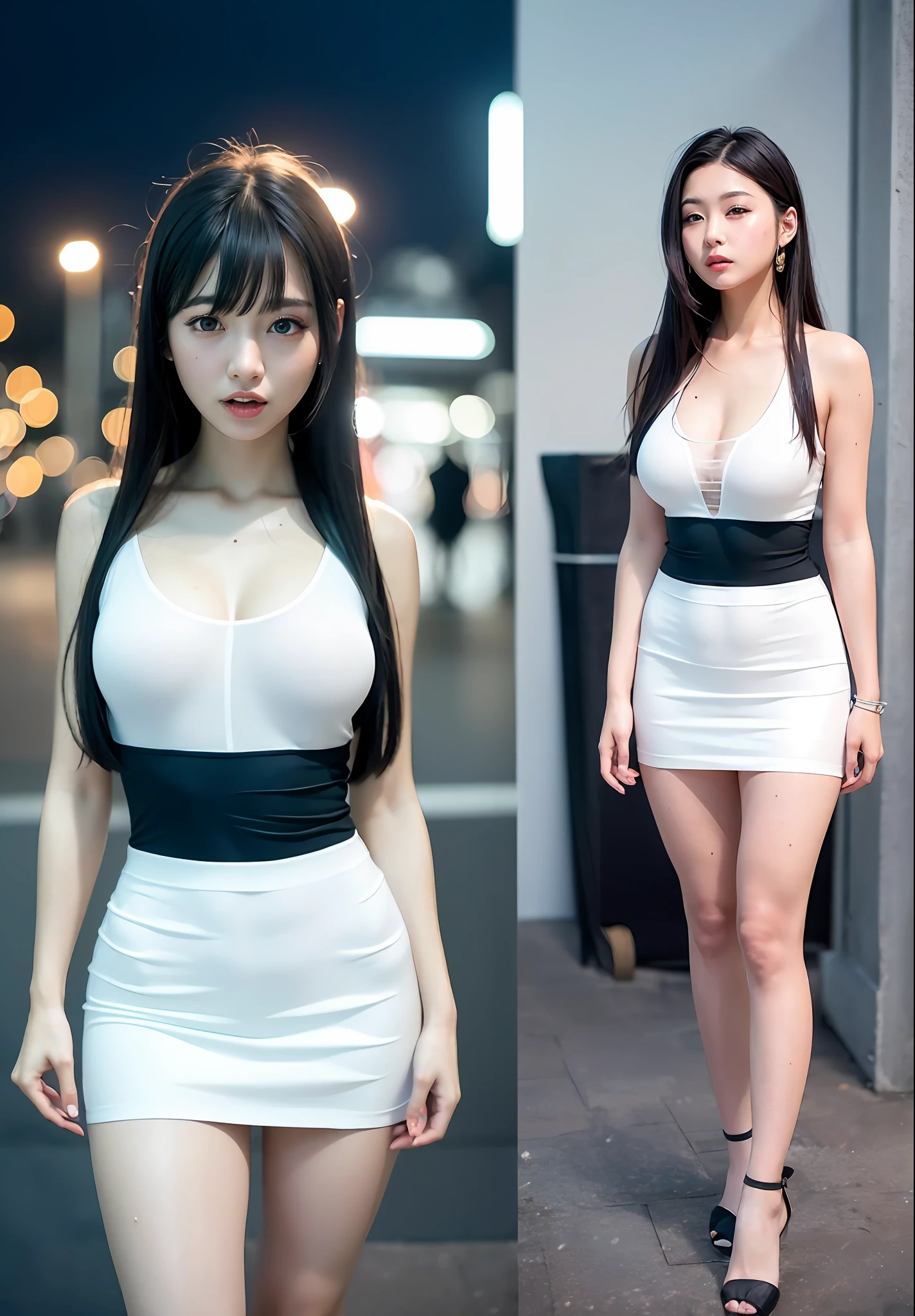 (bare breasts:0.2)best quality, ultra high res, (photorealistic:1.4), (green long hair:1.3), (azur lane\), 1girl, (Kpop idol), nsfw, slender body, looking at viewer, cute, detailed face, contrapposto, smooth skin, perfect anatomy, white camisole, pure black pleated skirt,  cityscape, night, rain, wet, professional lighting, shopping mall rooftop cafe, outdoor, no teeth