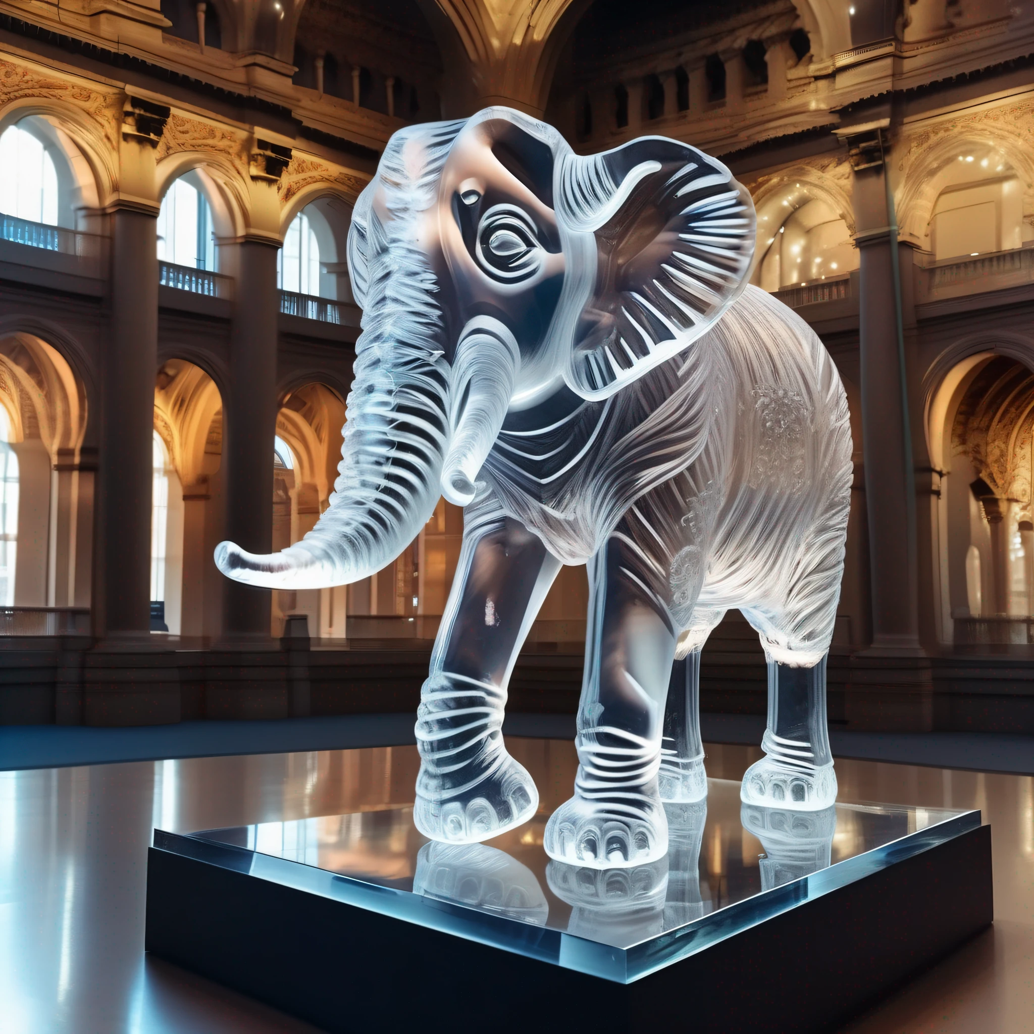 instagram photo, statue of an elephant in transparent crystal, wide angle, hyper detailed, crystal eyes, studio photo, made of ornate transparent crystal, on an exhibition altar, museum background