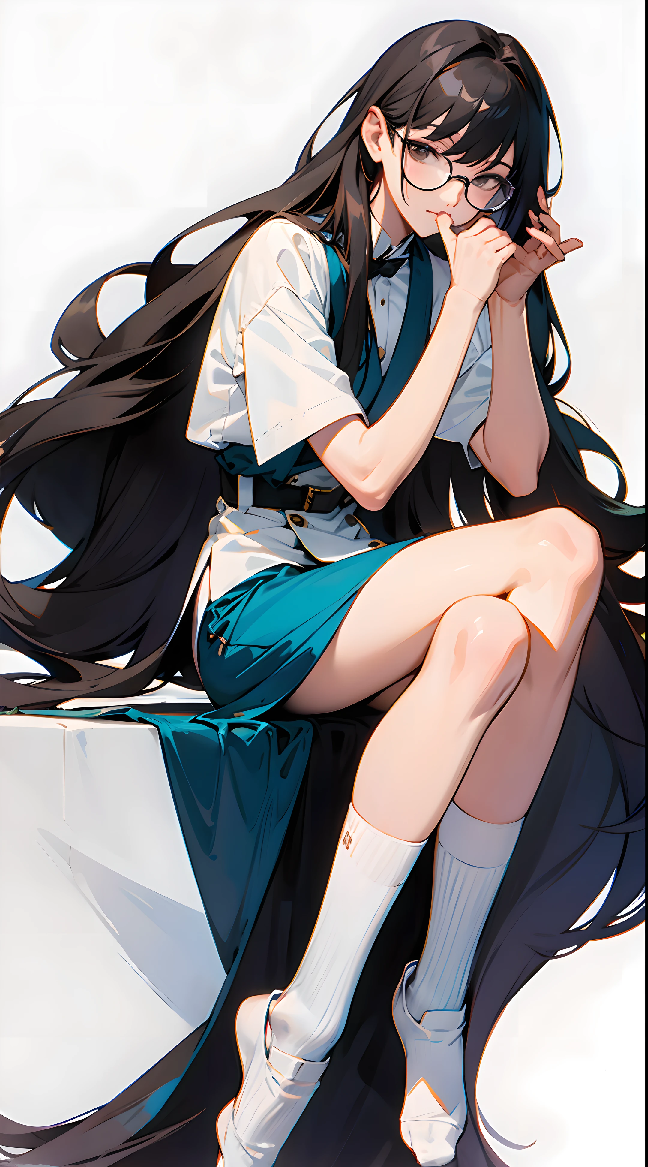 JK White Socks, Long Flowing Hair, Holding Glasses, Holding Erlang's Legs, Sitting Position, Looking Straight