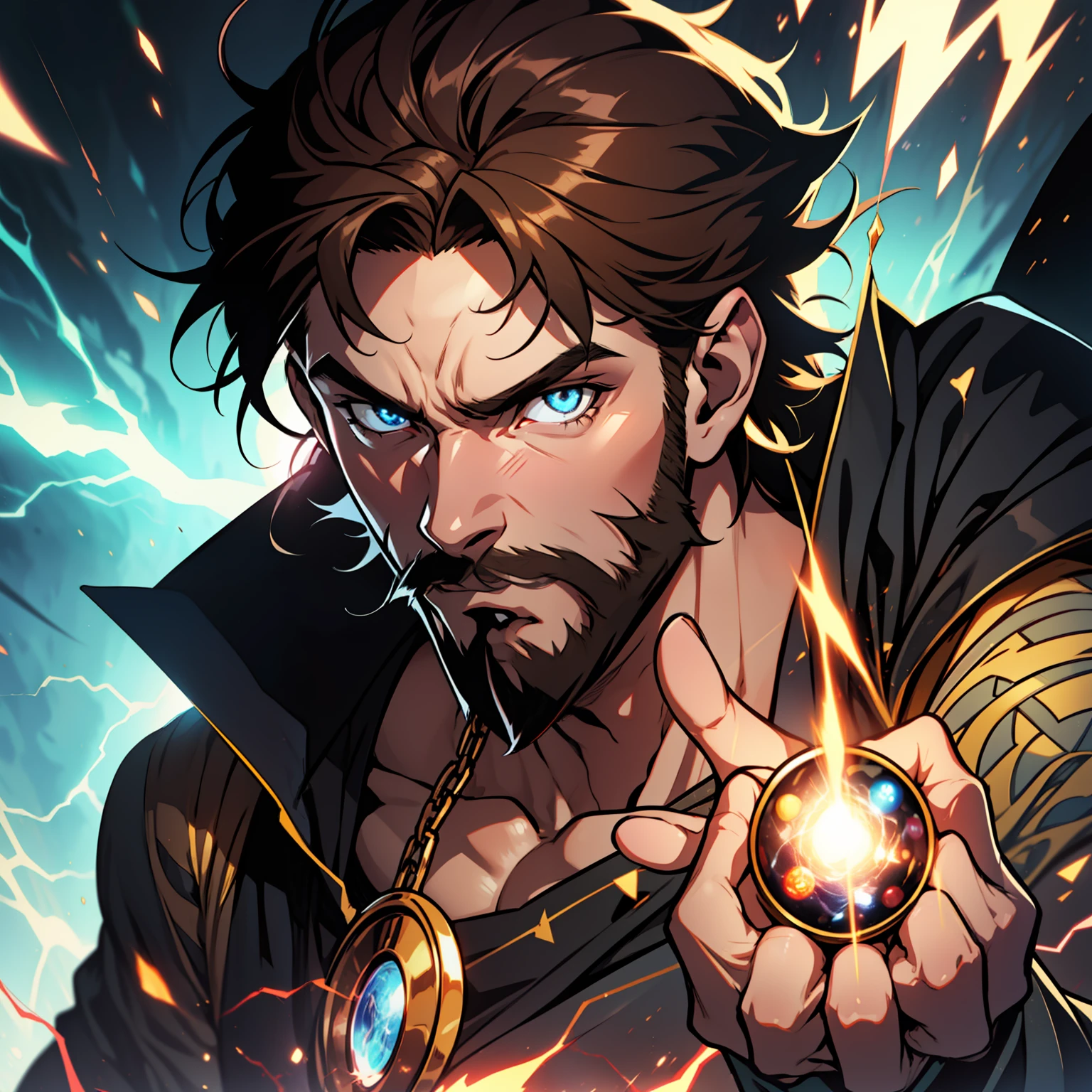 solo, close up of anime guy with brown hair and gruff brown beard, magic eye with symbols gazing into the future, dynamic lighting, energy and power rising in background, magic power, attack