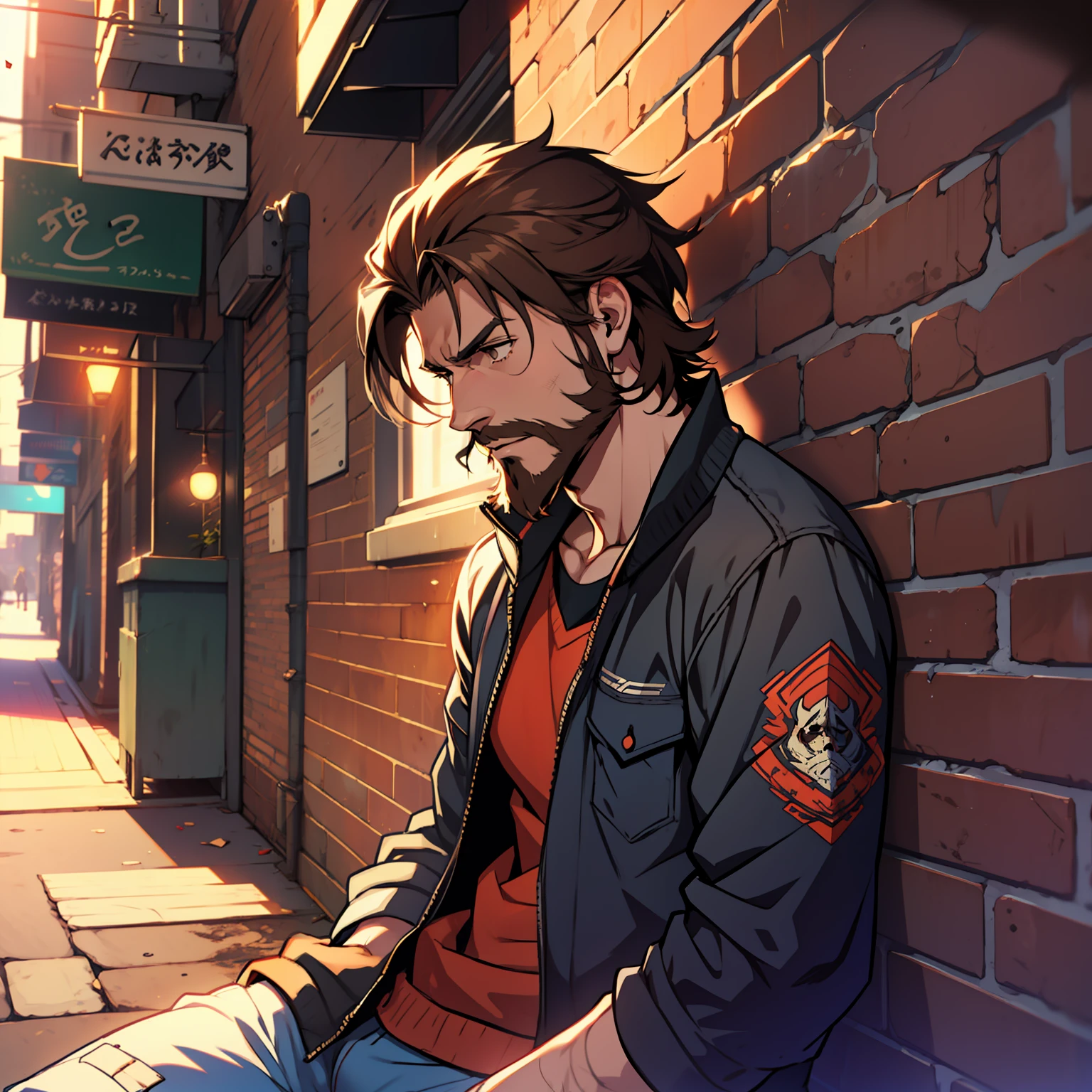 solo, anime guy with brown hair and gruff brown beard collapsed against brick wall, injured, dynamic lighting