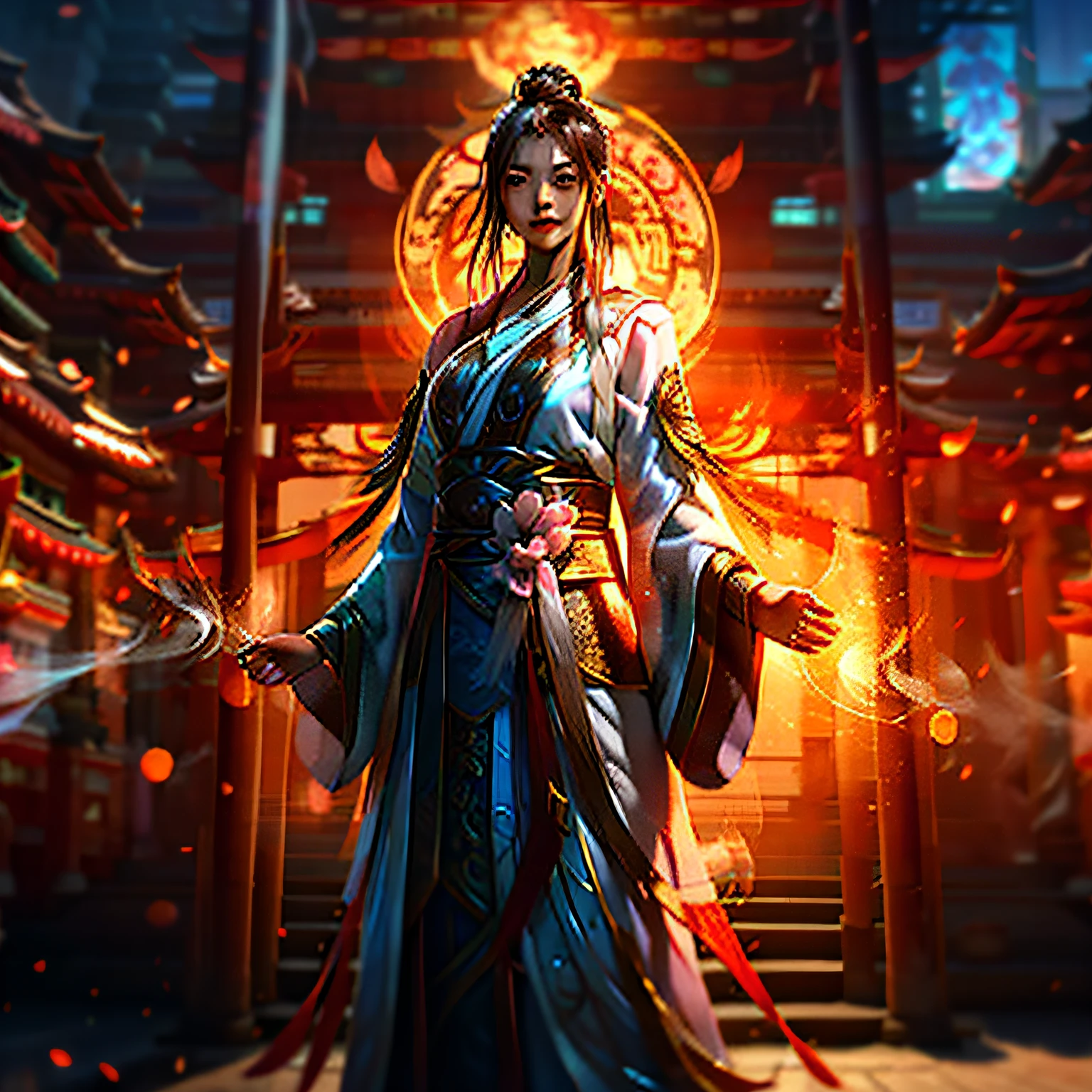 动态照明,art stations,poster for,Volumetriclighting,Very detailed faces,s girl,standing on your feet,ancient Chinese costume,mild smile,Background sun,Gorgeous costumes,long whitr hair,Xianxia,facing the front there,lotus flower,chineseidol。Hanfu