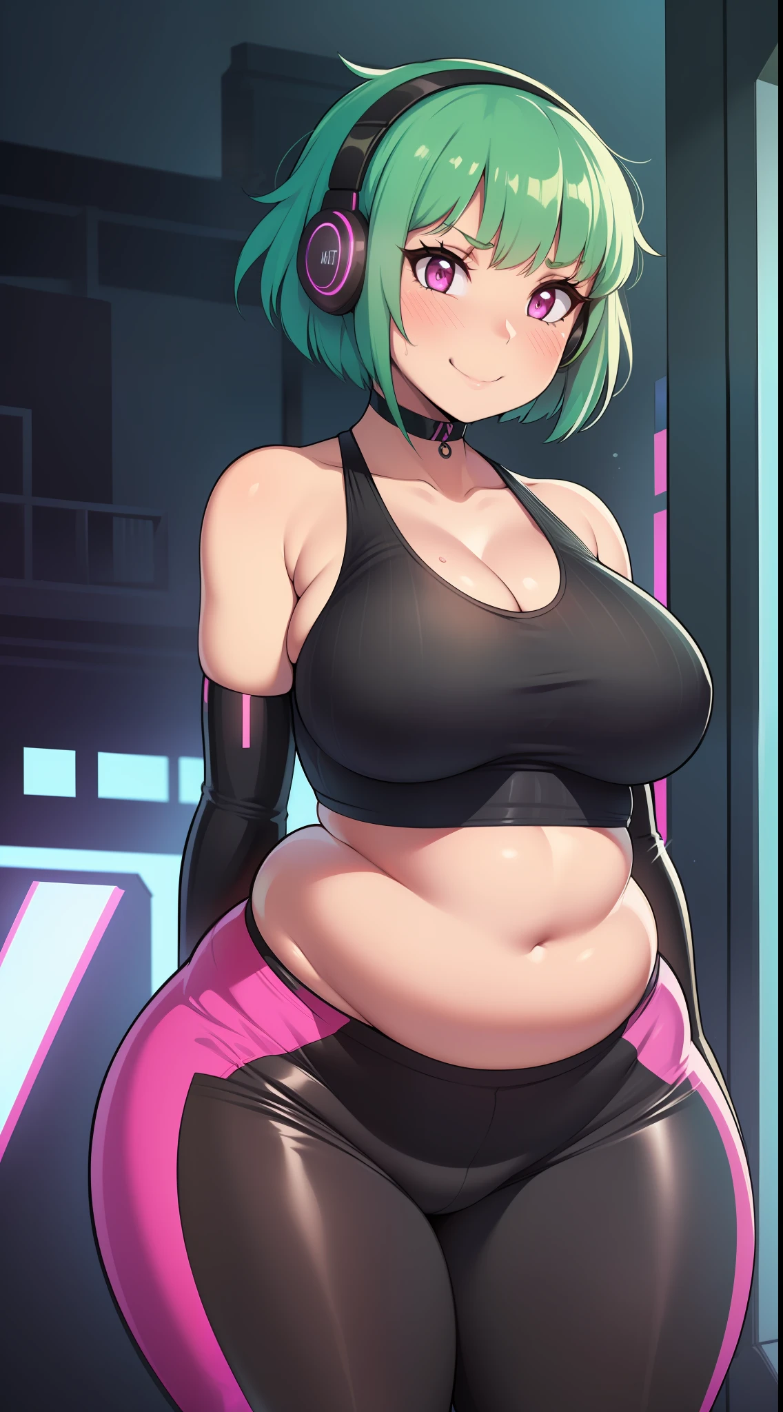 (((kipteitei art))), Masterpiece, high quality, best quality, beautiful, HD, perfect lighting, detailed face, detailed body, ((1girl)), ((solo)), ((green hair)), very short hair, (messy hair), pink eyes, looking at viewer, happy, ((blush)), excited to see viewer, nervous smile, fidgety, tank top, leggings, ((skintight leggings)), ((undersized clothes)), head set on, choker, arm warmers, large breasts, cleavage, perky breasts, ((((wide hips)))), ((thick thighs)), (pudgy), fat rolls, (belly hang), belly hangs over leggings, ((hand on belly)), futuristic apartment, far future, cyber-punk, neon lights, 20 year old girl,